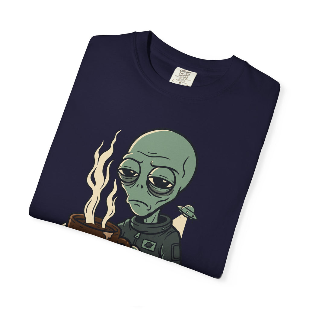 Navy alien coffee T-shirt with cartoon alien, flames, and small planet graphic