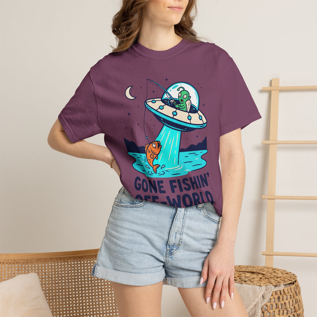 Plum graphic alien fishing t-shirt with UFO and fish illustration