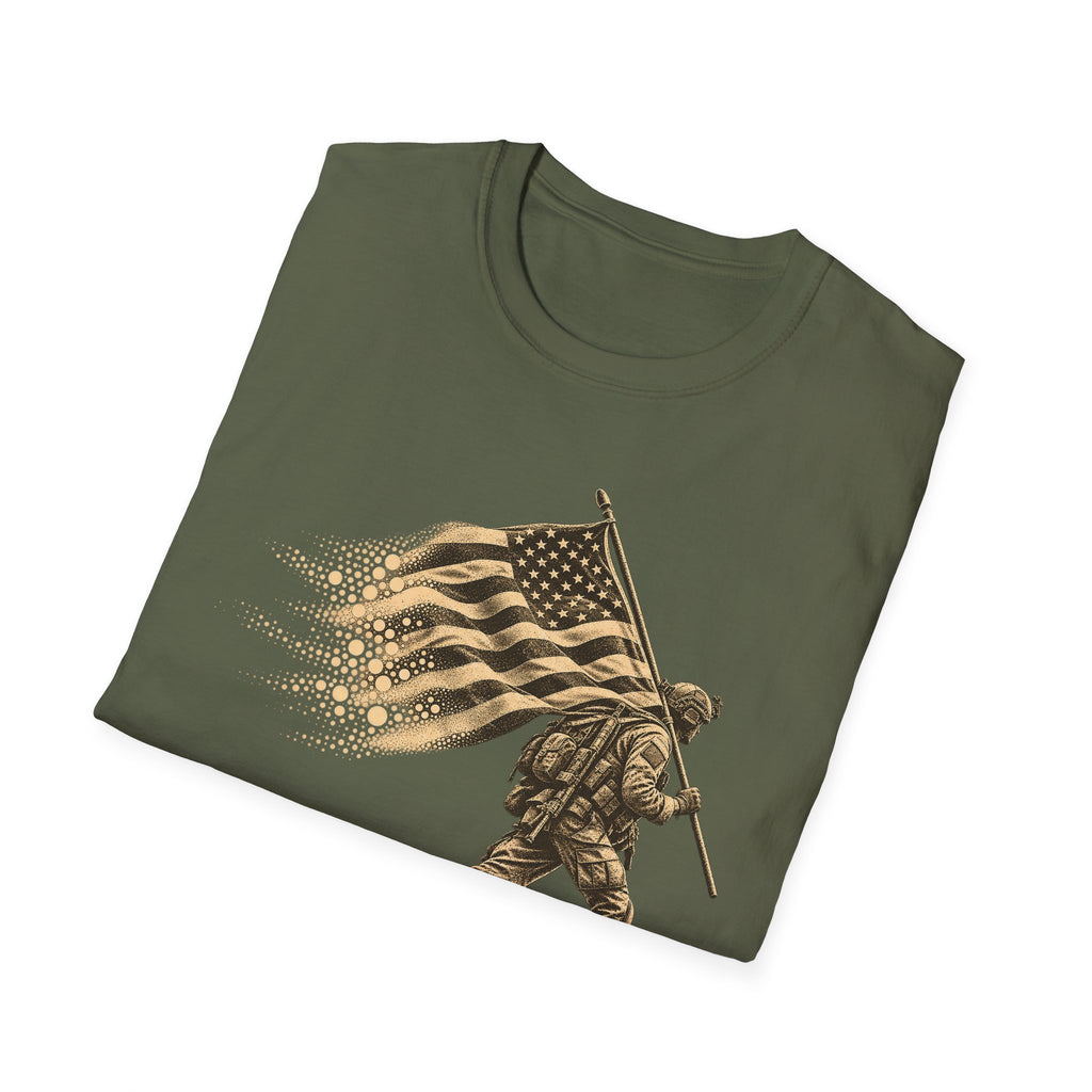 Olive green crew-neck T-shirt with gold patriotic soldier holding an American flag graphic