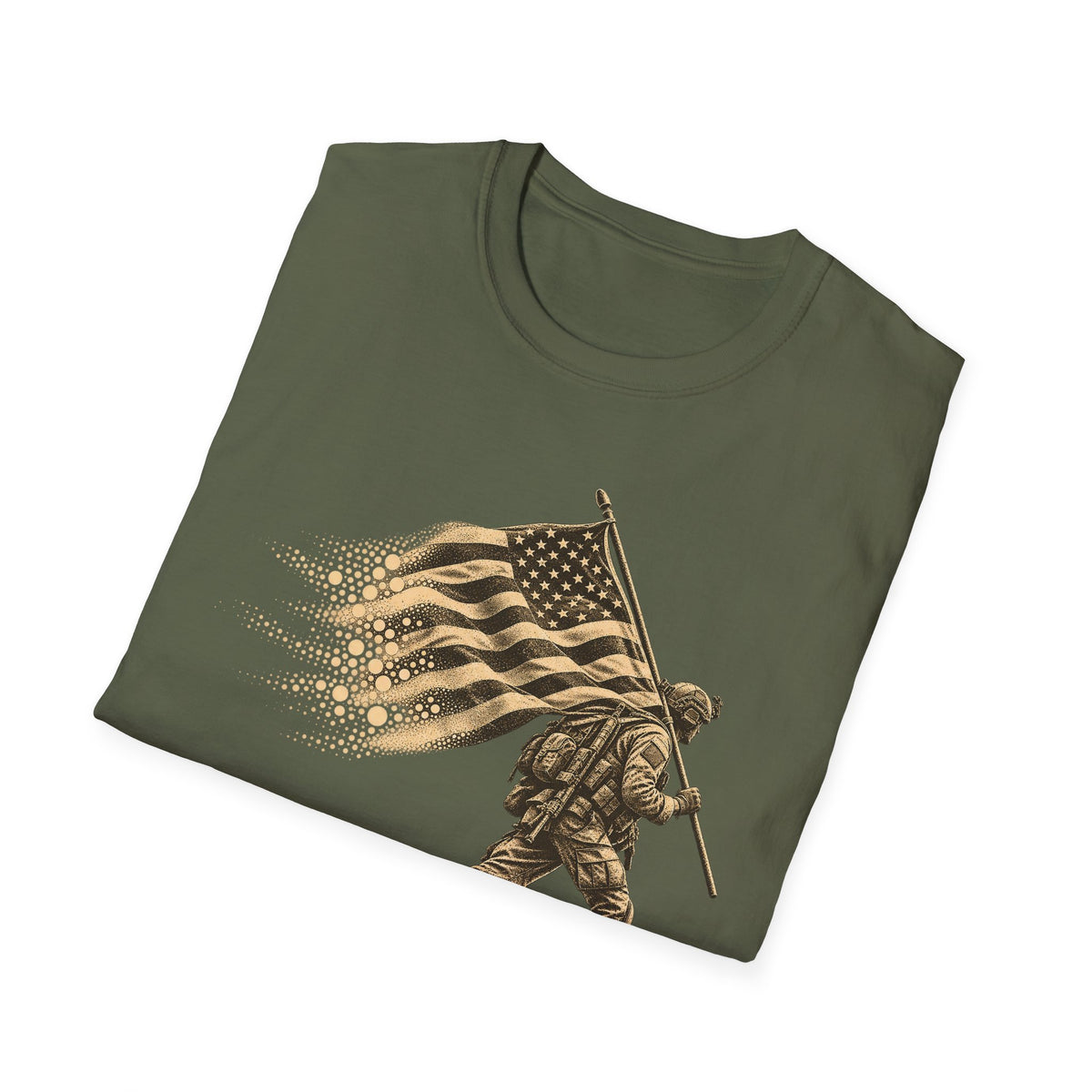 Olive green crew-neck T-shirt with gold patriotic soldier holding an American flag graphic