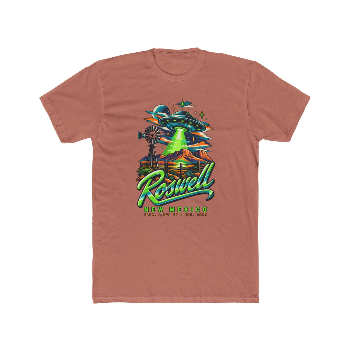 Rust crewneck T-shirt with colorful UFO abduction scene and Roswell logo