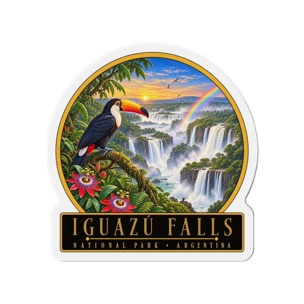 Iguazu Falls magnet badge with toucan, lush leaves, rainbow over cascades