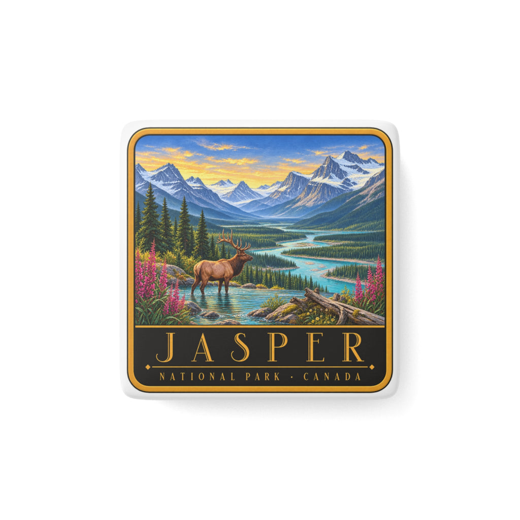 Square white porcelain magnet with elk landscape and blue mountain sky