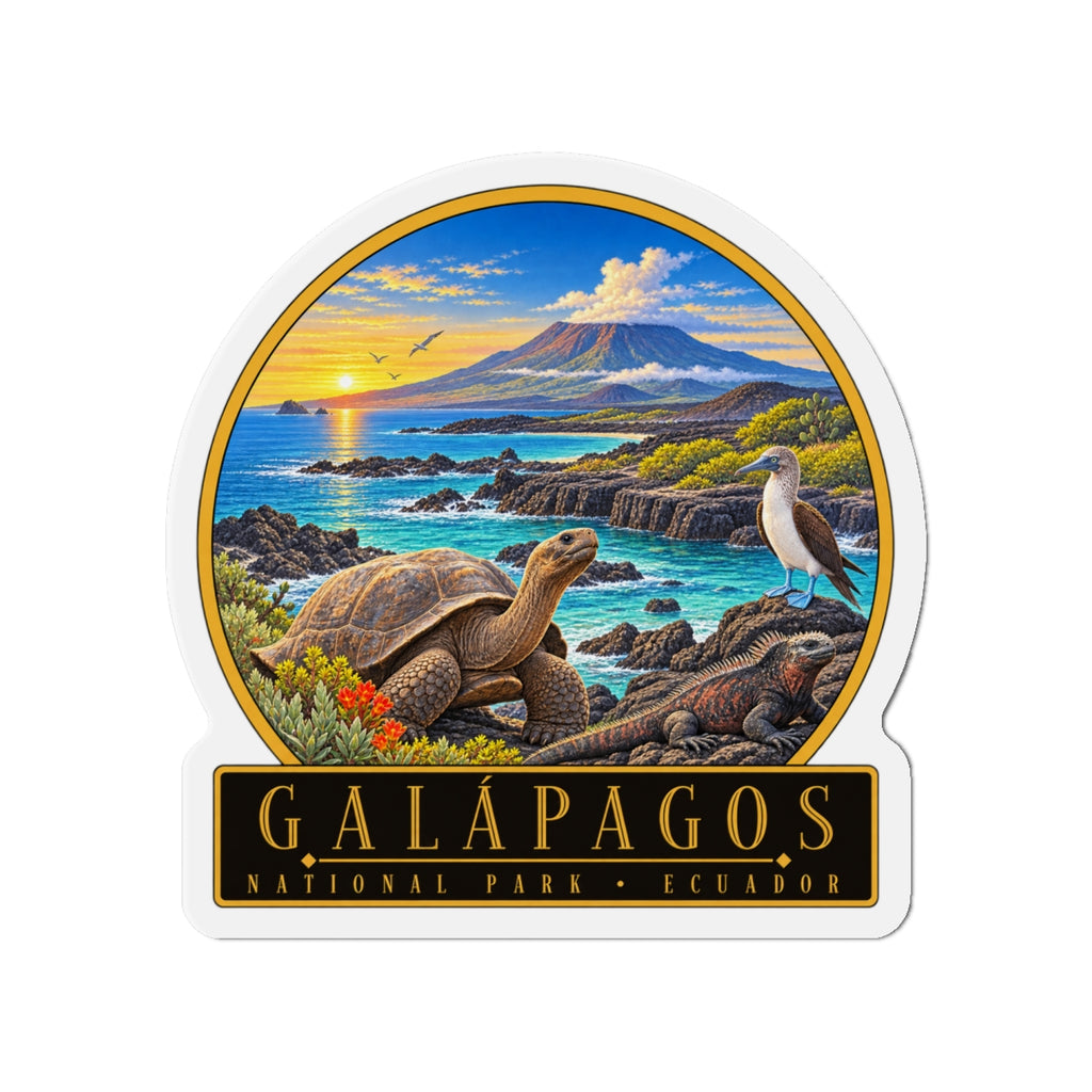Die-cut fridge magnet with giant tortoises, blue heron, and Galapagos coastline scene