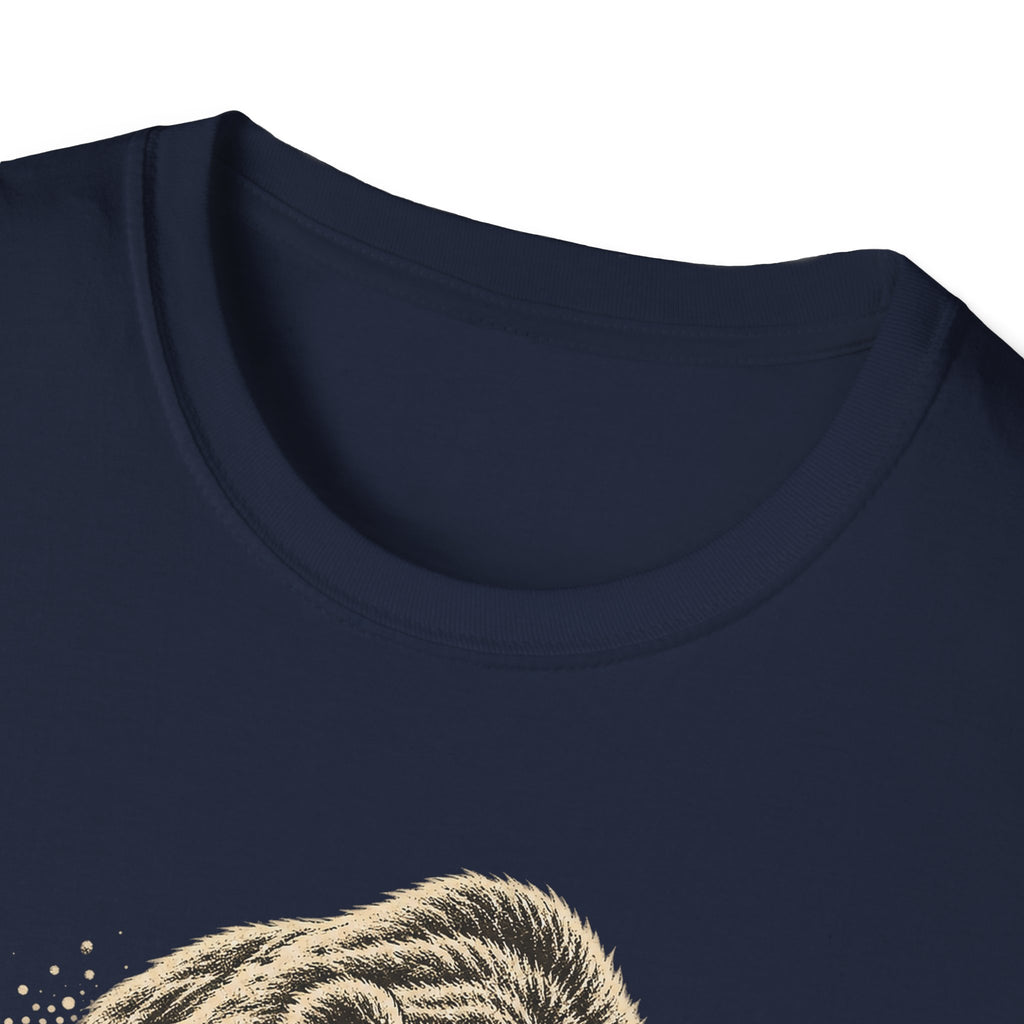 Navy T-shirt neckline close-up with partial vintage bear graphic at chest.