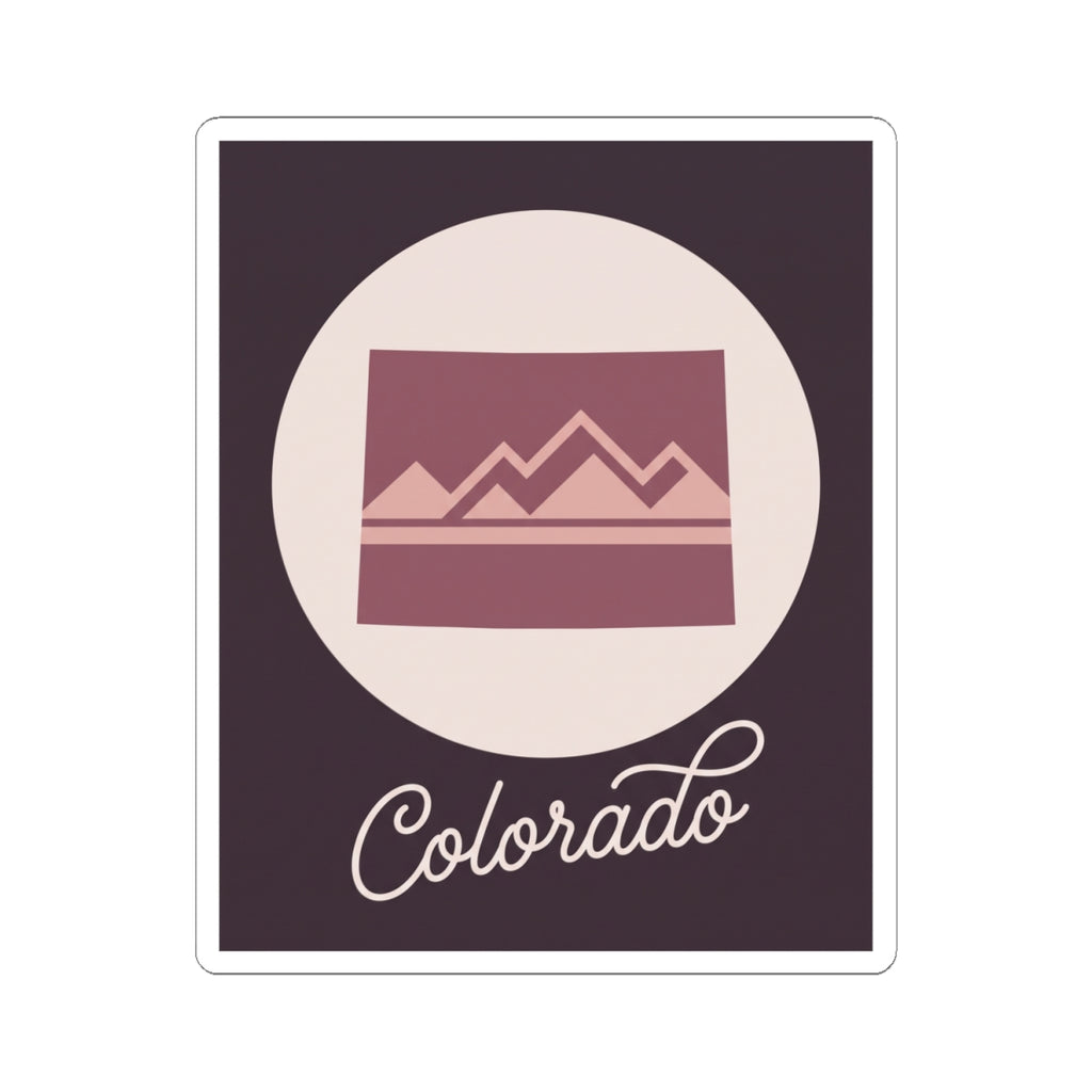 Mauve Colorado landscape decal in a white circle on a dark purple square background