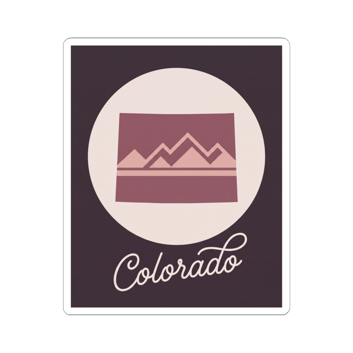 Mauve Colorado landscape decal in a white circle on a dark purple square background