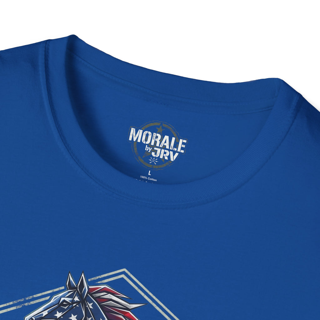 Navy T-shirt with small chest logo and partial patriotic horse graphic