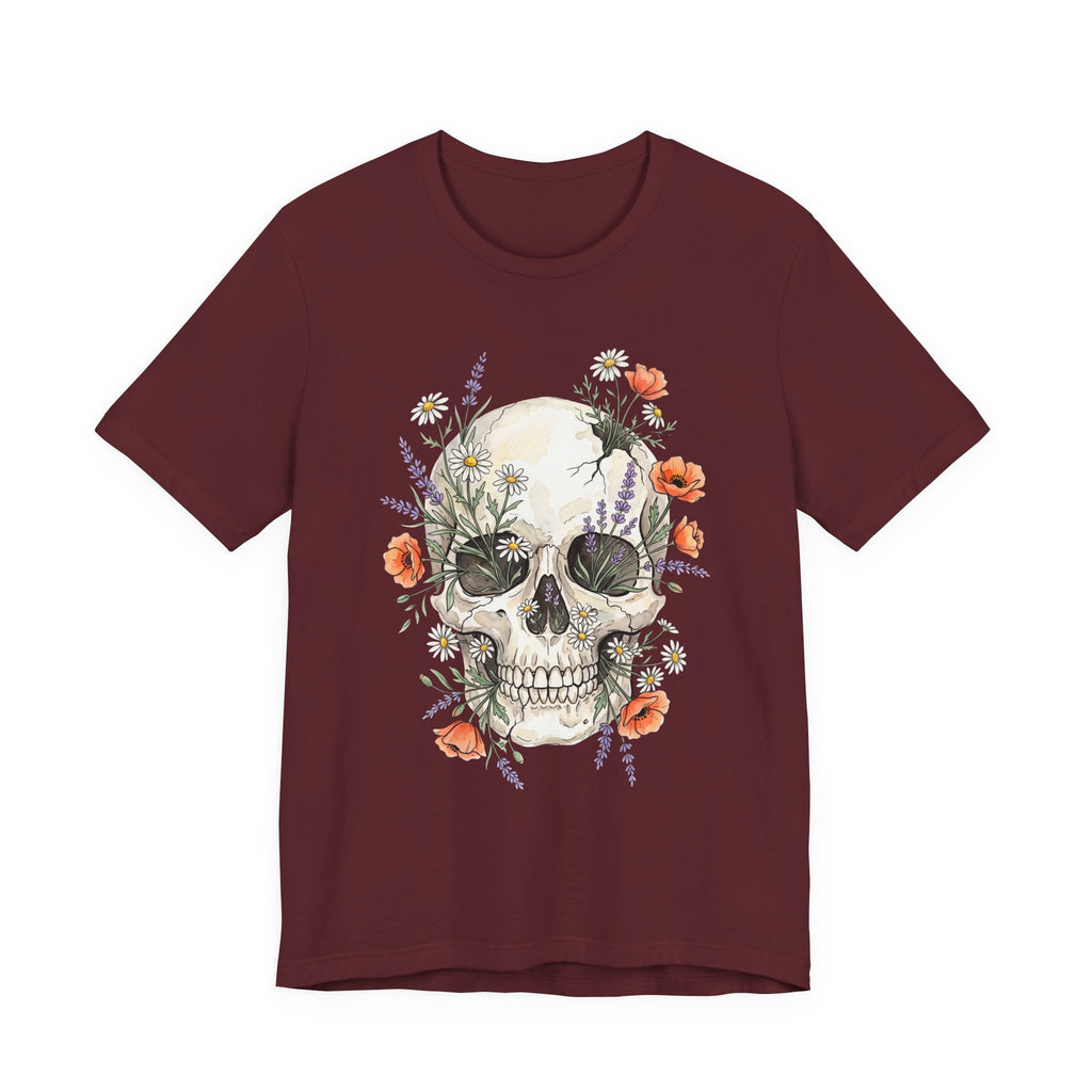 Burgundy floral skull T-shirt with poppies and wildflowers botanical graphic front