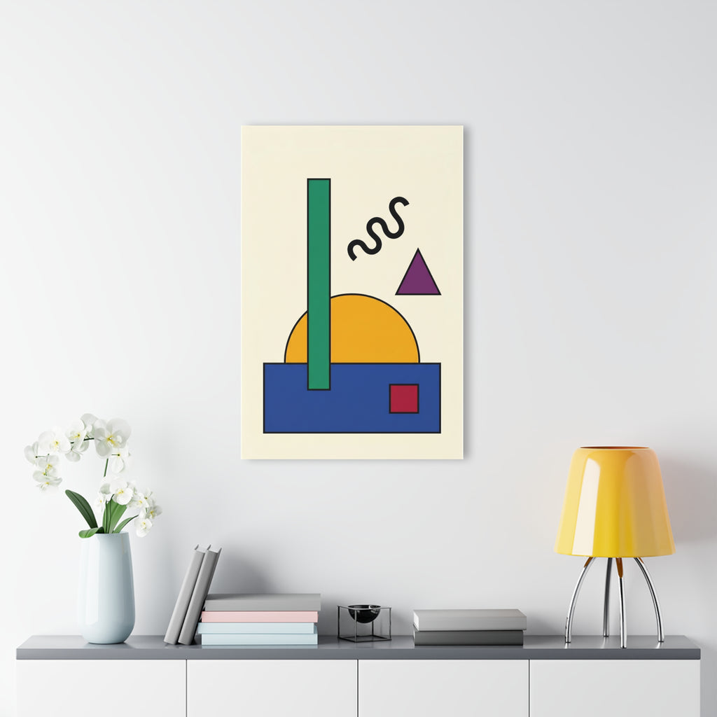 Geometric sun wall decor: yellow sun, green bar, black wavy lines, purple triangle