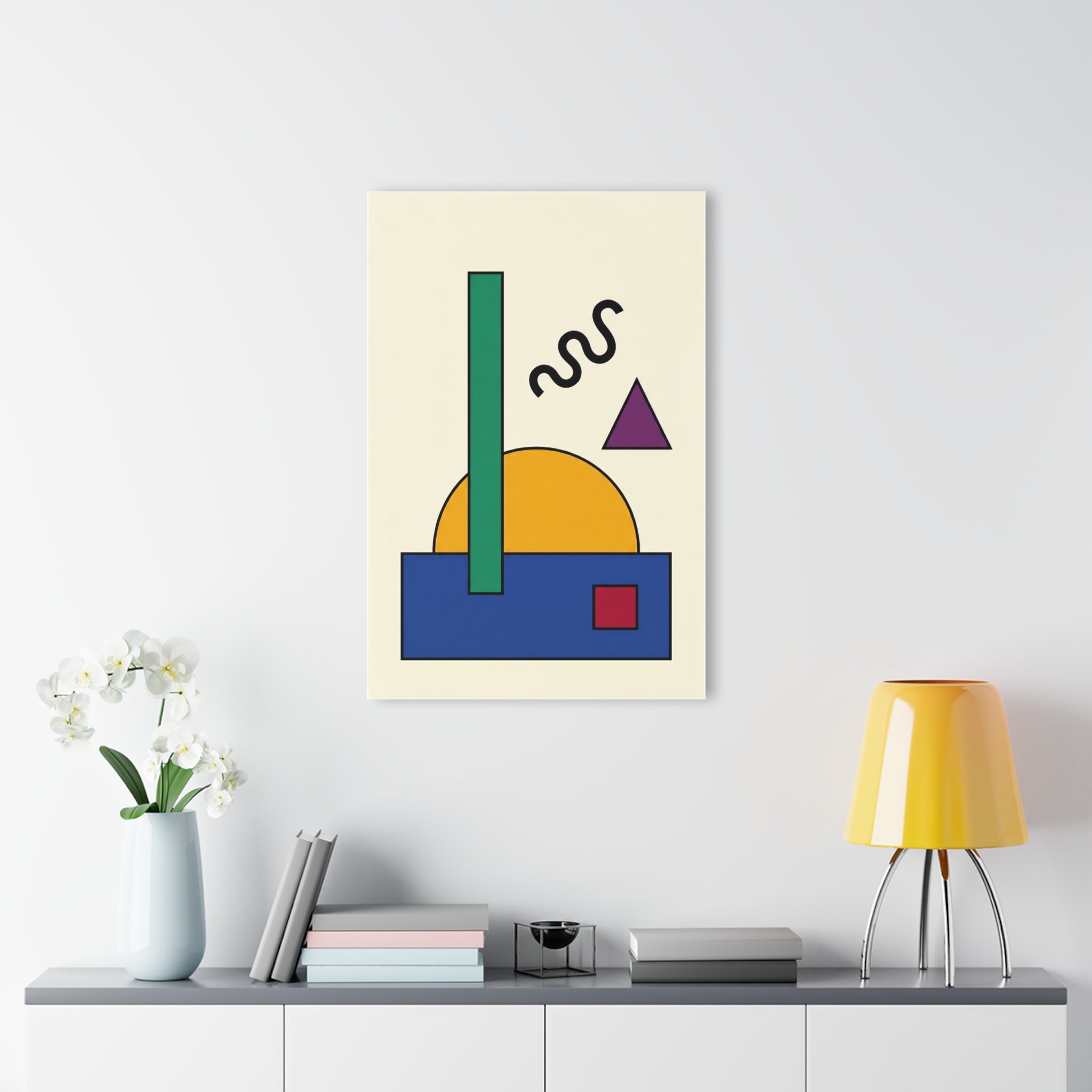 Geometric sun wall decor: yellow sun, green bar, black wavy lines, purple triangle