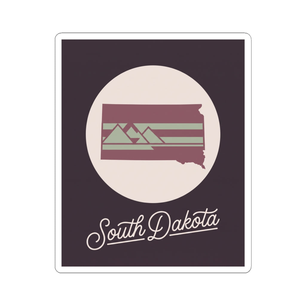 South Dakota kiss-cut decal featuring state silhouette, striped banner, and cursive script