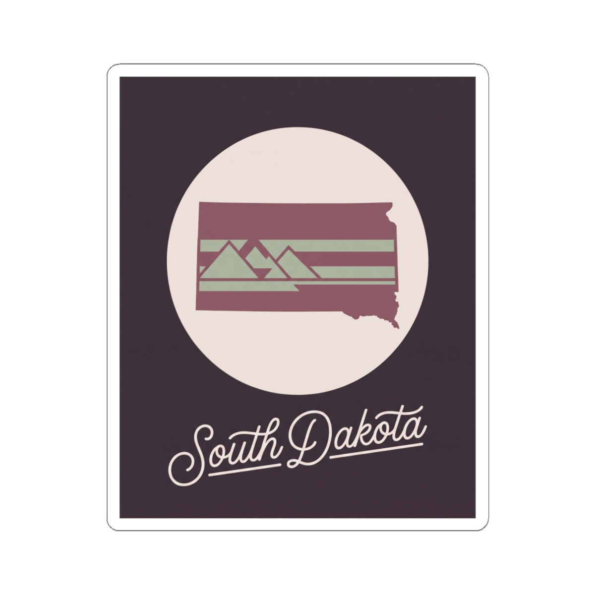 South Dakota kiss-cut decal featuring state silhouette, striped banner, and cursive script