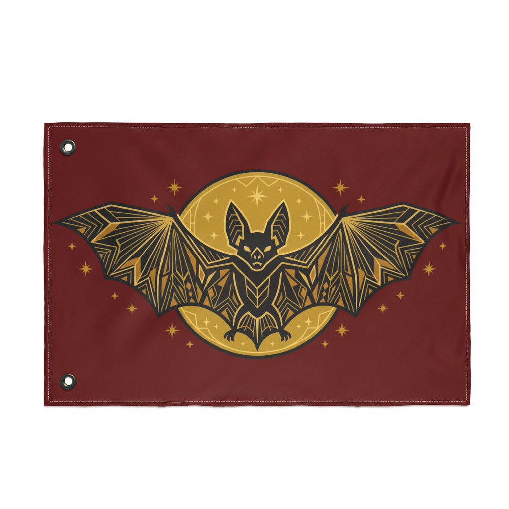 Burgundy bat moon flag with gold geometric bat and moon, side grommets