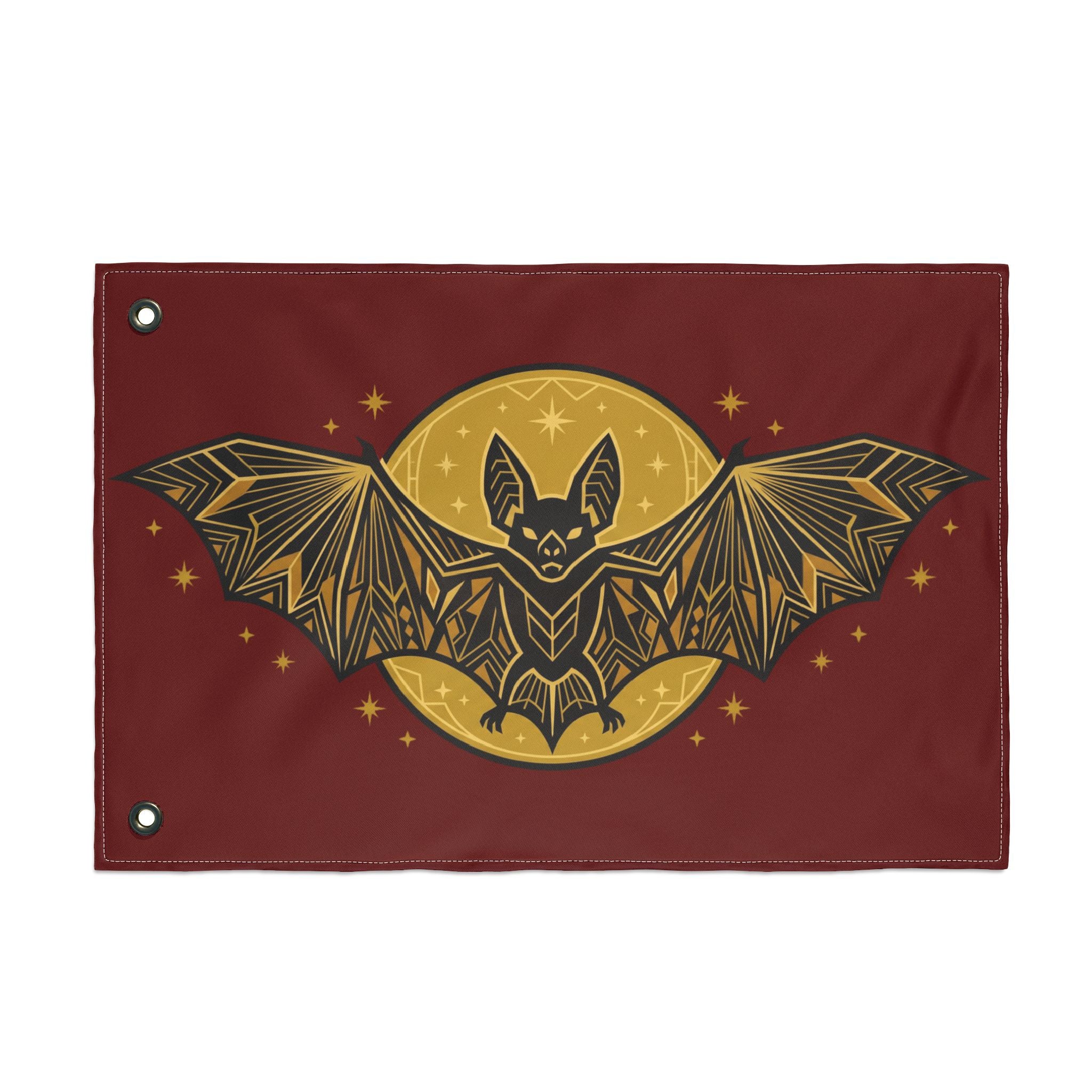 Burgundy bat moon flag with gold geometric bat and moon, side grommets