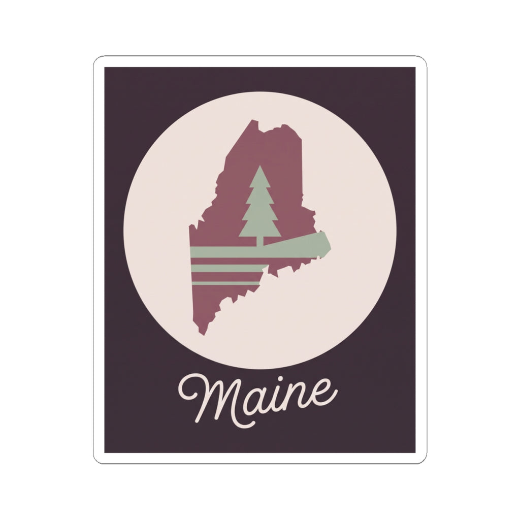 Square kiss-cut Maine vinyl decal with mauve state, green pine tree, and 'Maine' text.