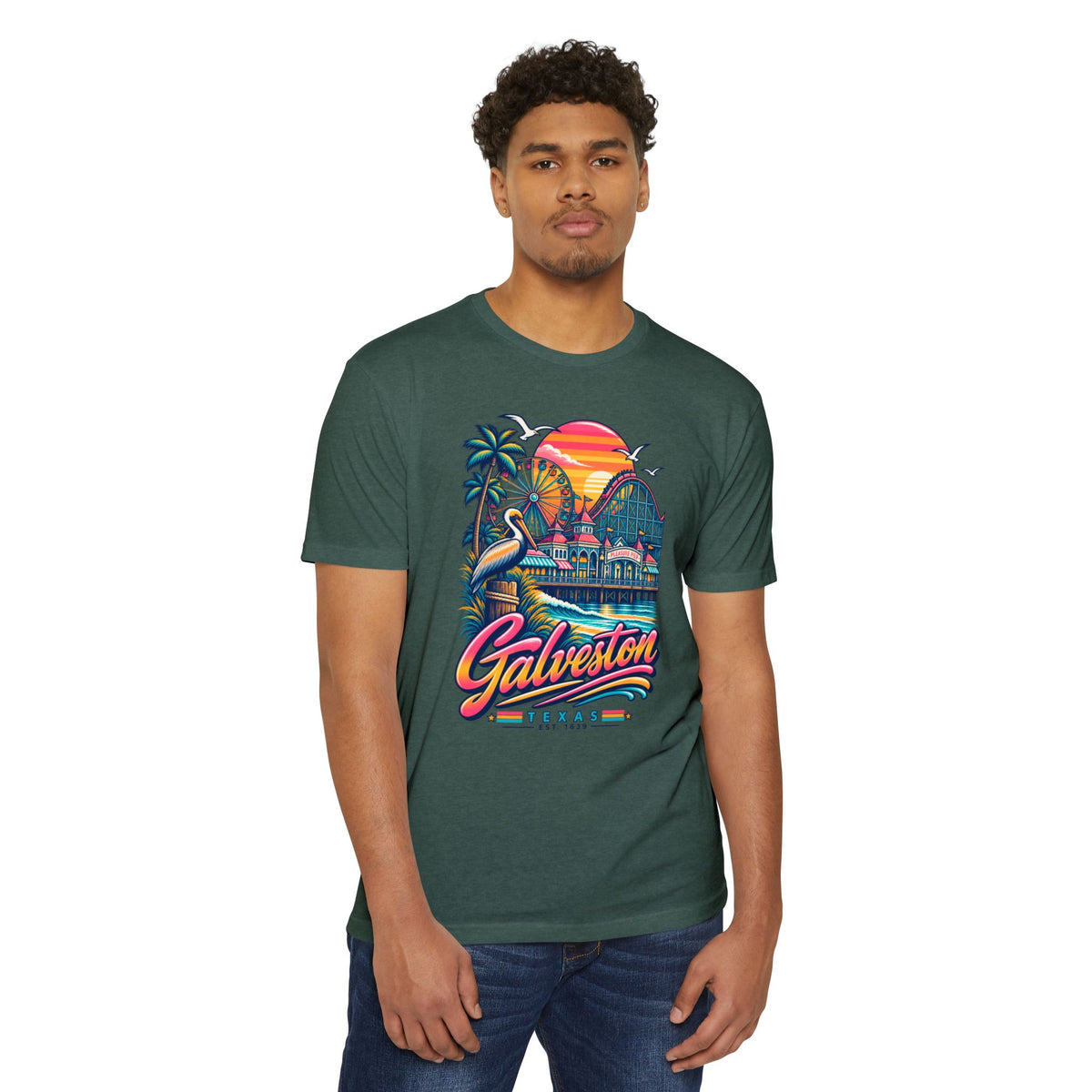 Dark green T-shirt with colorful Galveston pelican sunset graphic