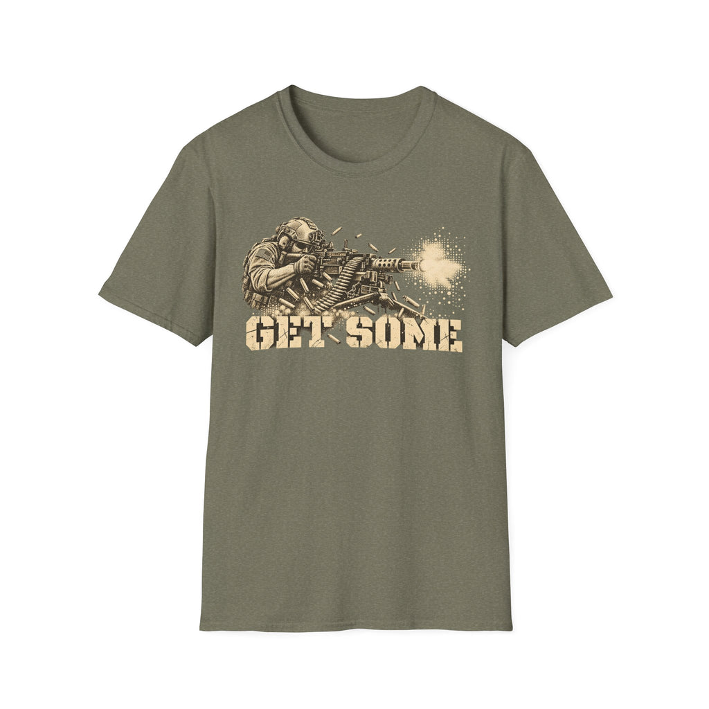 Dark olive crewneck graphic T-shirt with vintage soldier and gun print