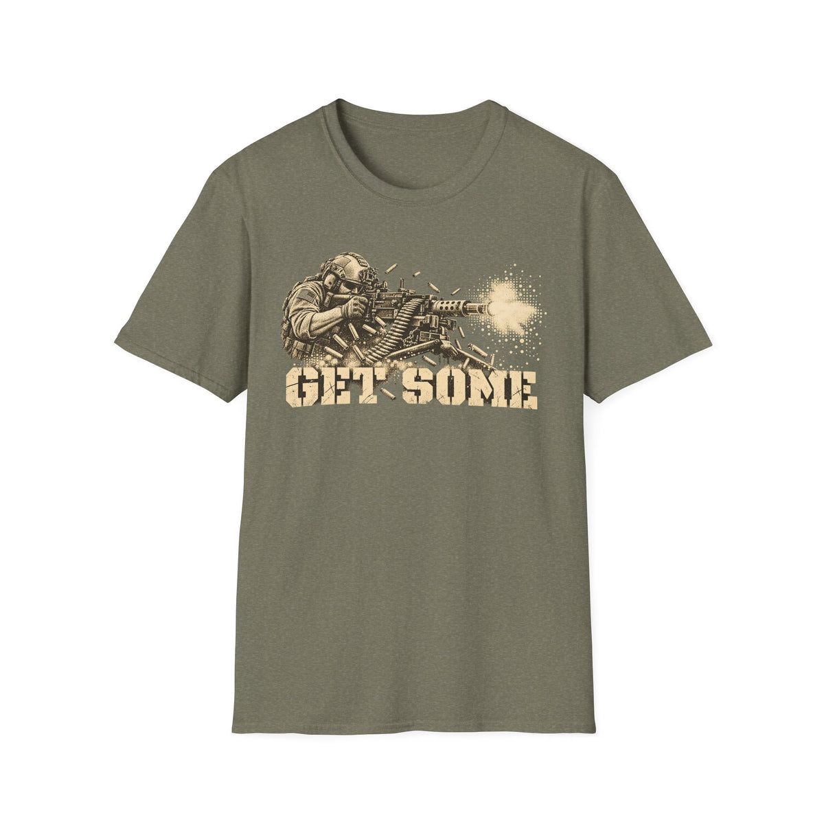 Dark olive crewneck graphic T-shirt with vintage soldier and gun print