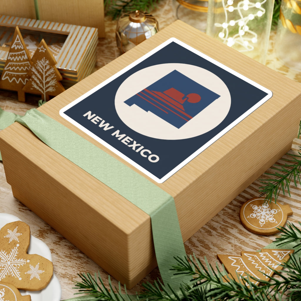New Mexico sunset kiss-cut sticker with dark blue square, white circle, and “NEW MEXICO” text.