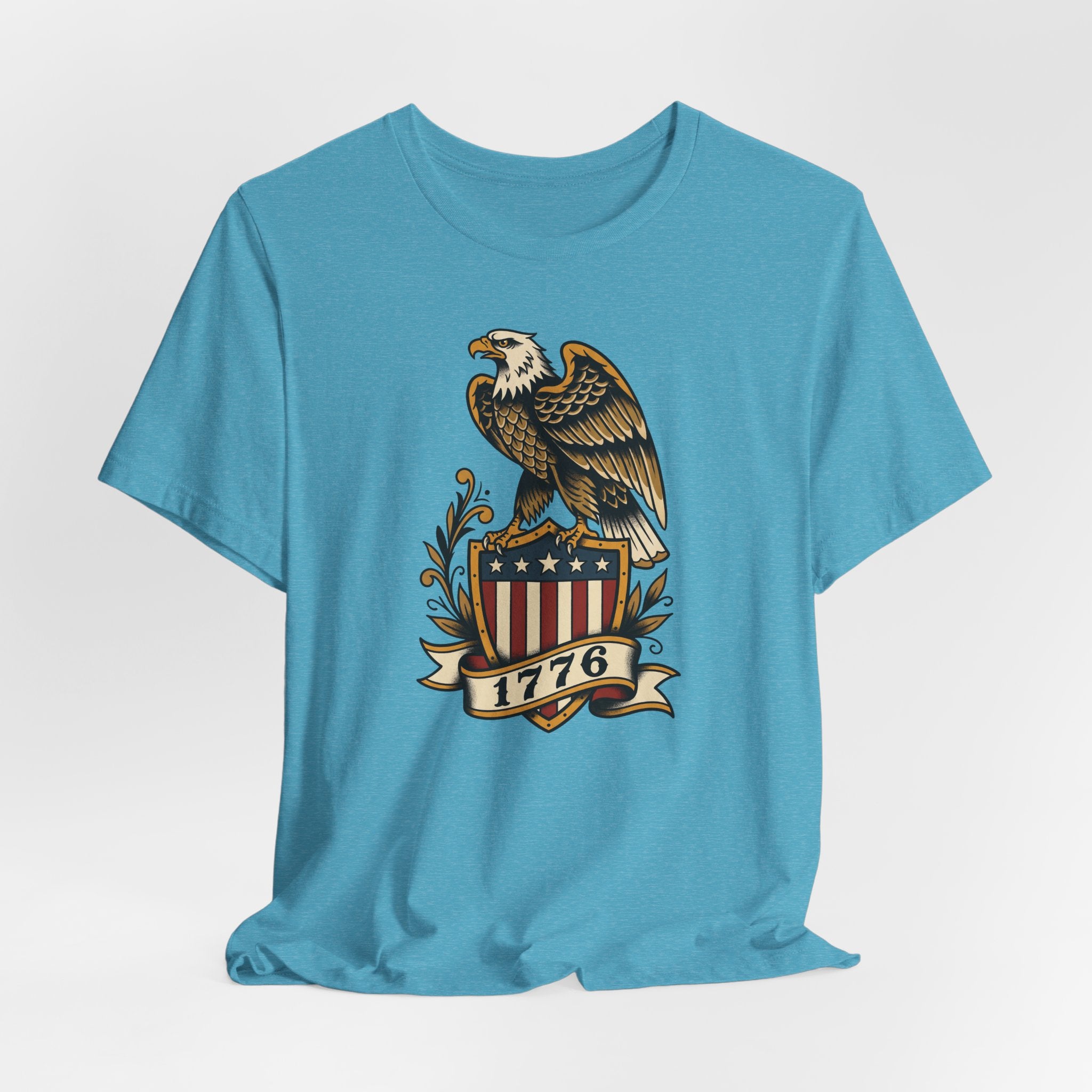 Turquoise crewneck T-shirt with eagle, stars, and 1776 shield graphic