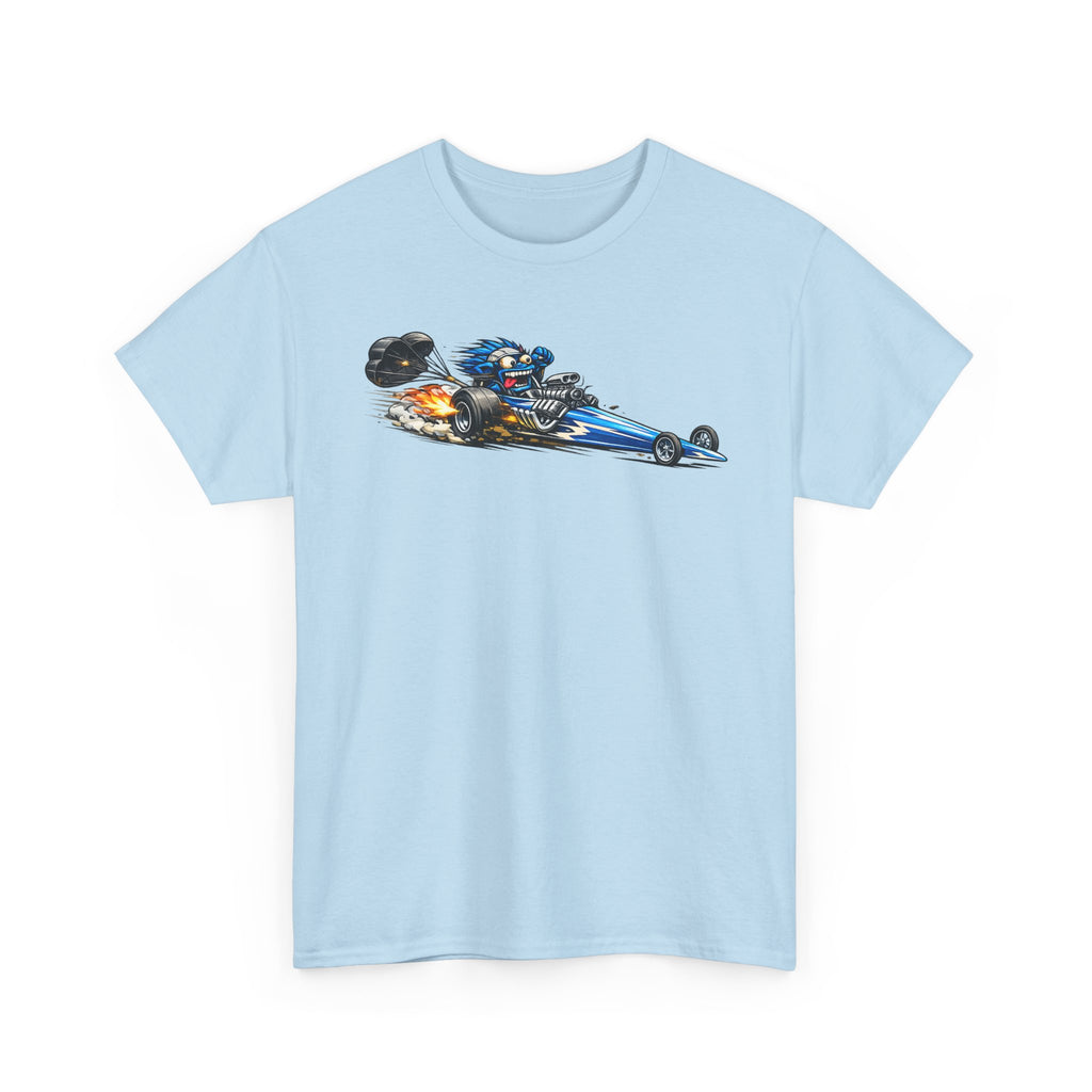 Unisex light blue T-shirt with flaming dragster graphic on front