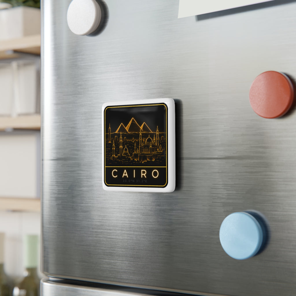 Square porcelain fridge magnet showing Cairo skyline neon cityscape on metal fridge