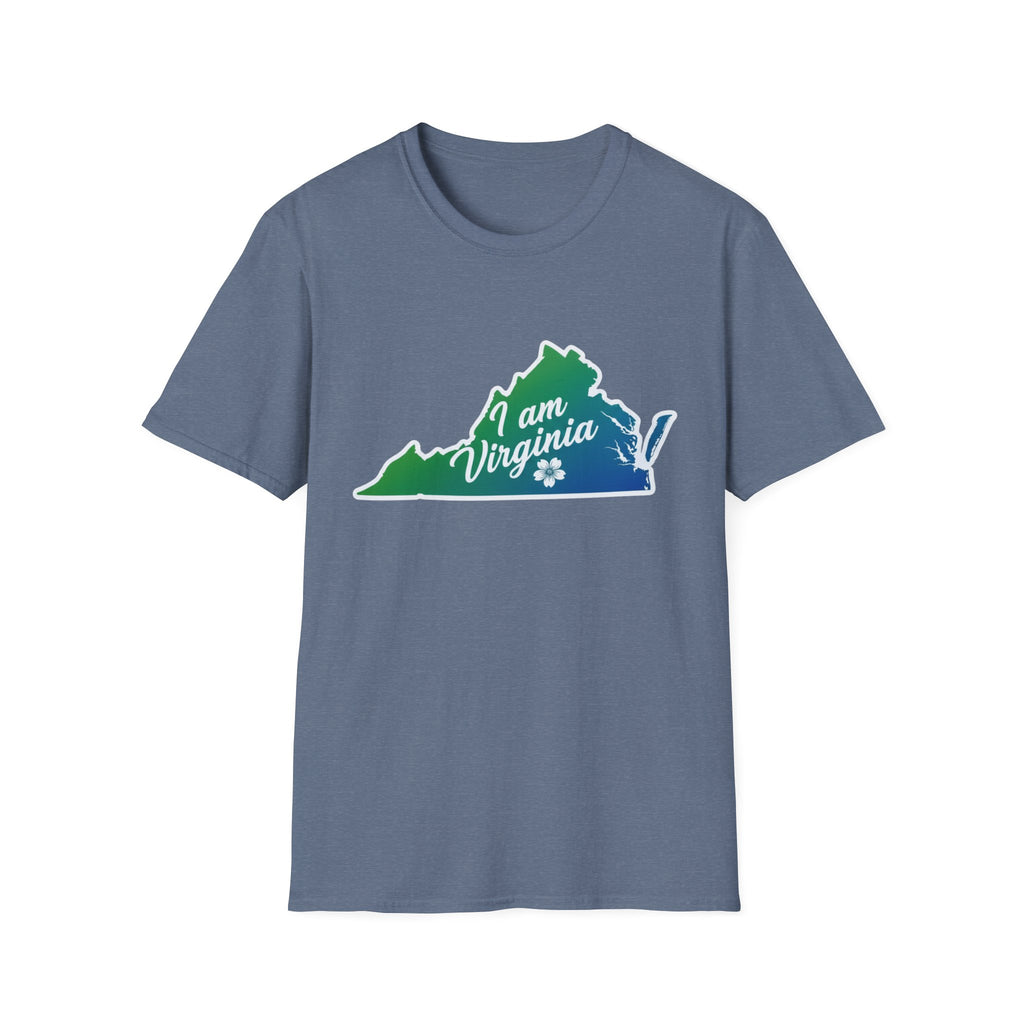I Am Virginia T-Shirt: heather navy tee with colorful Virginia state outline graphic