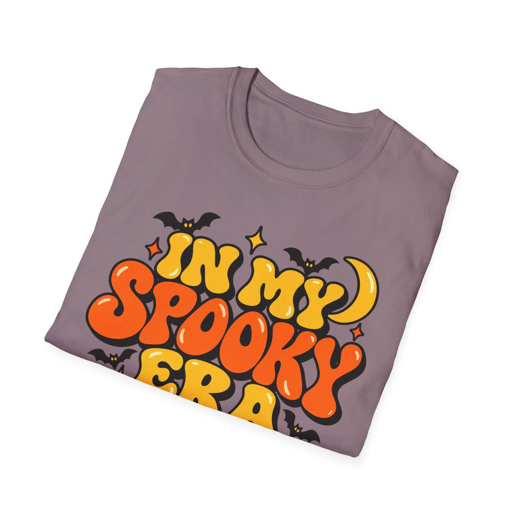 Heather purple Halloween T-shirt with colorful bubble “spooky” lettering and bats