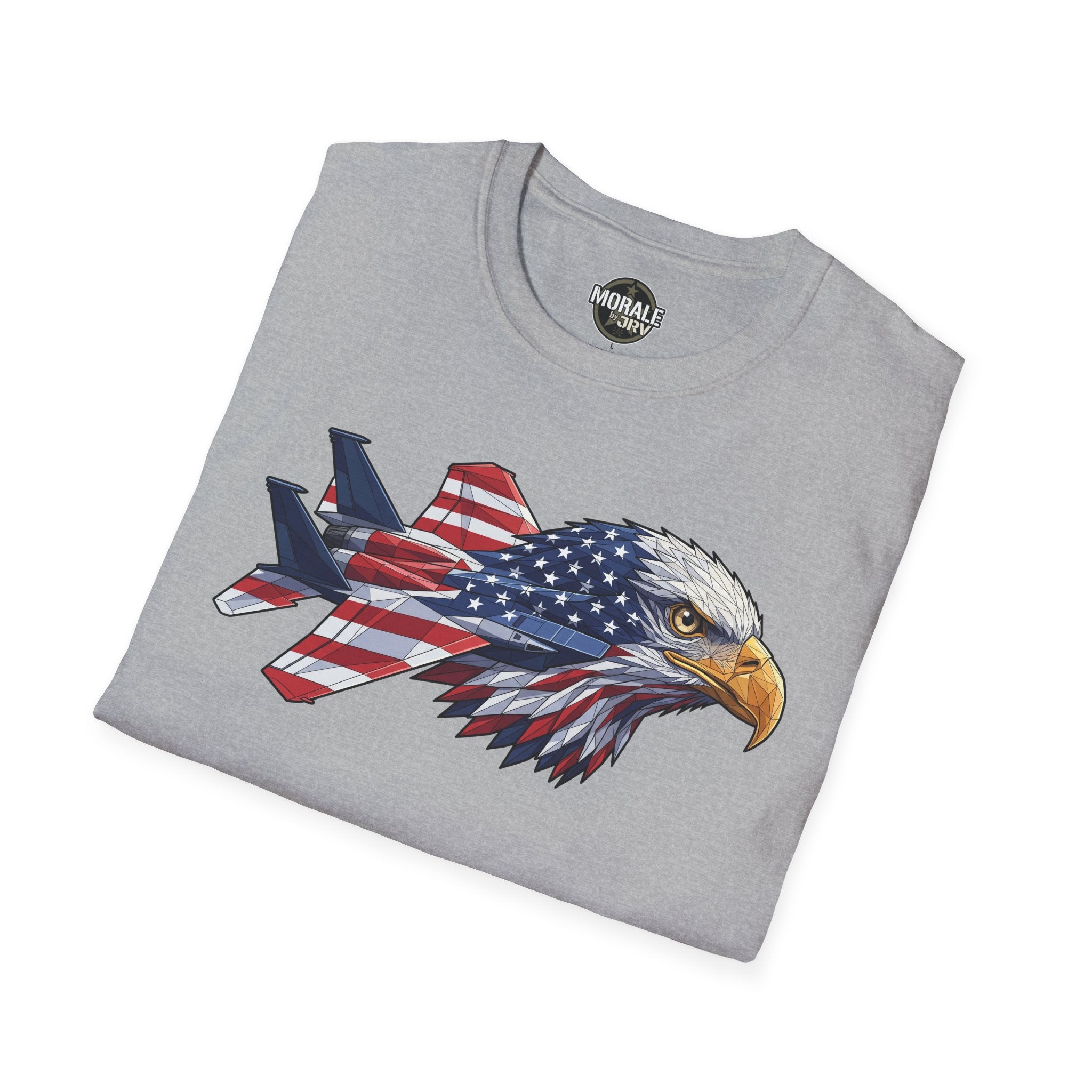Sport grey T-shirt with bald eagle head and USA flag graphic on the front