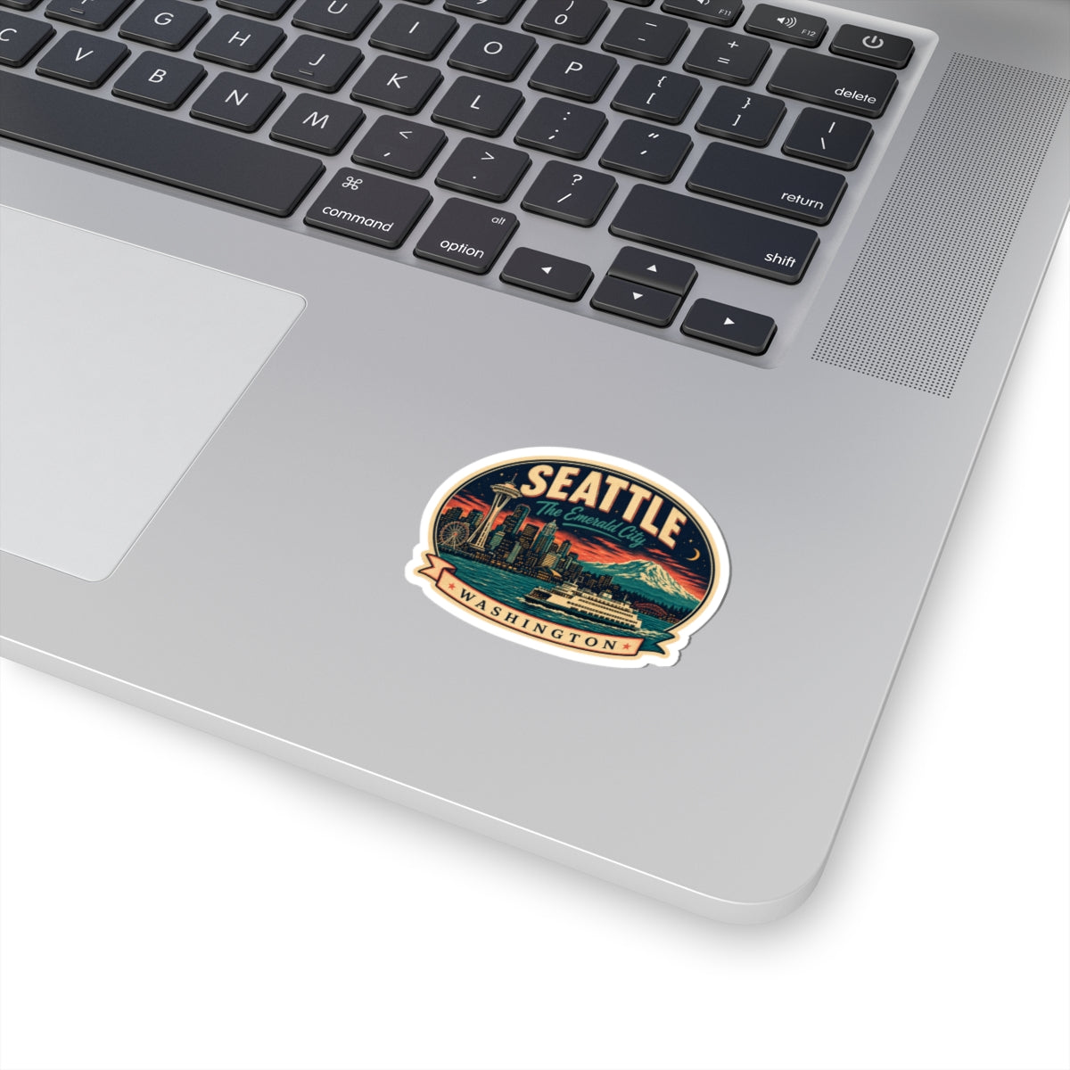 Round Seattle luggage tag vinyl sticker with colorful vintage city design