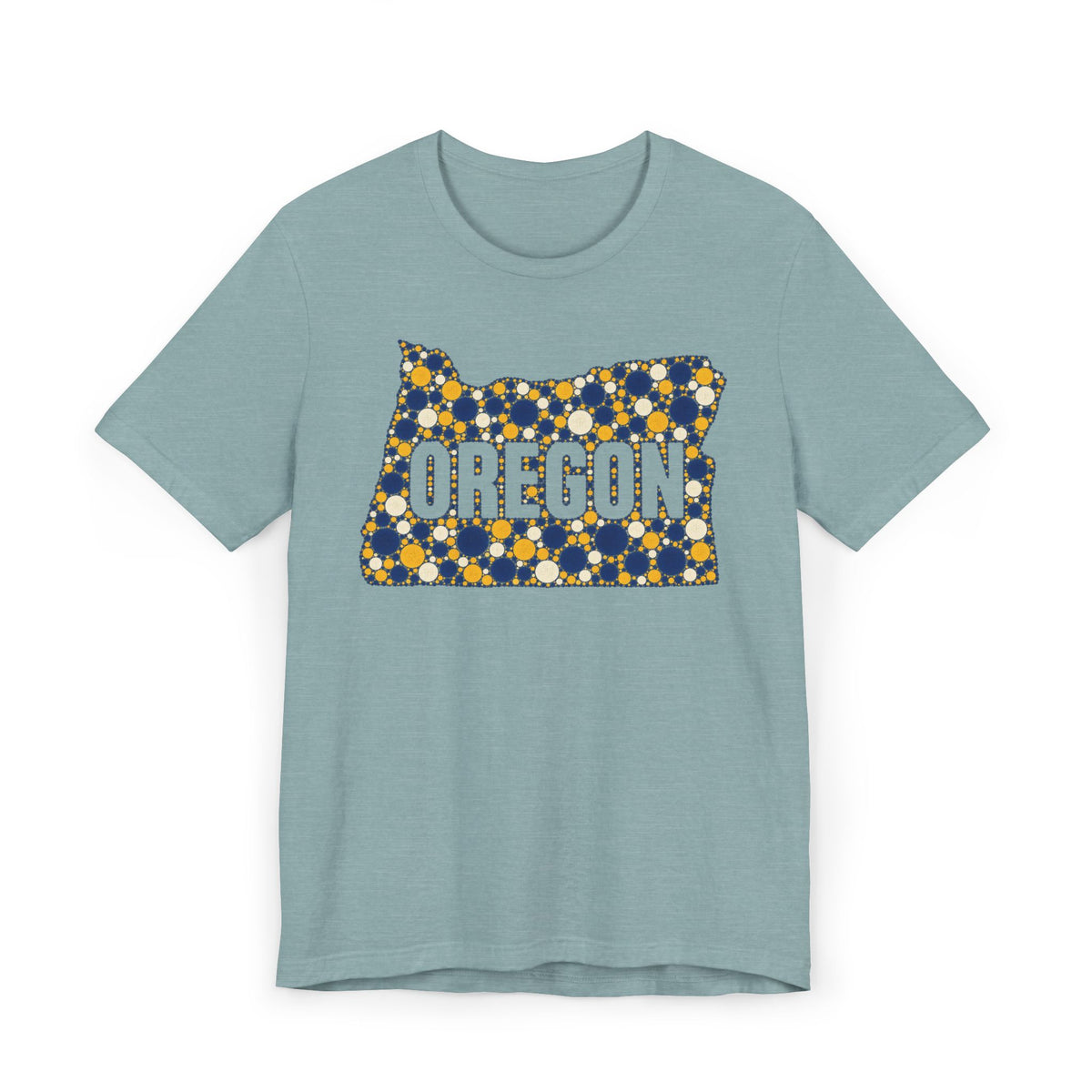 Light blue Oregon map graphic t-shirt with blue and gold polka dot lettering