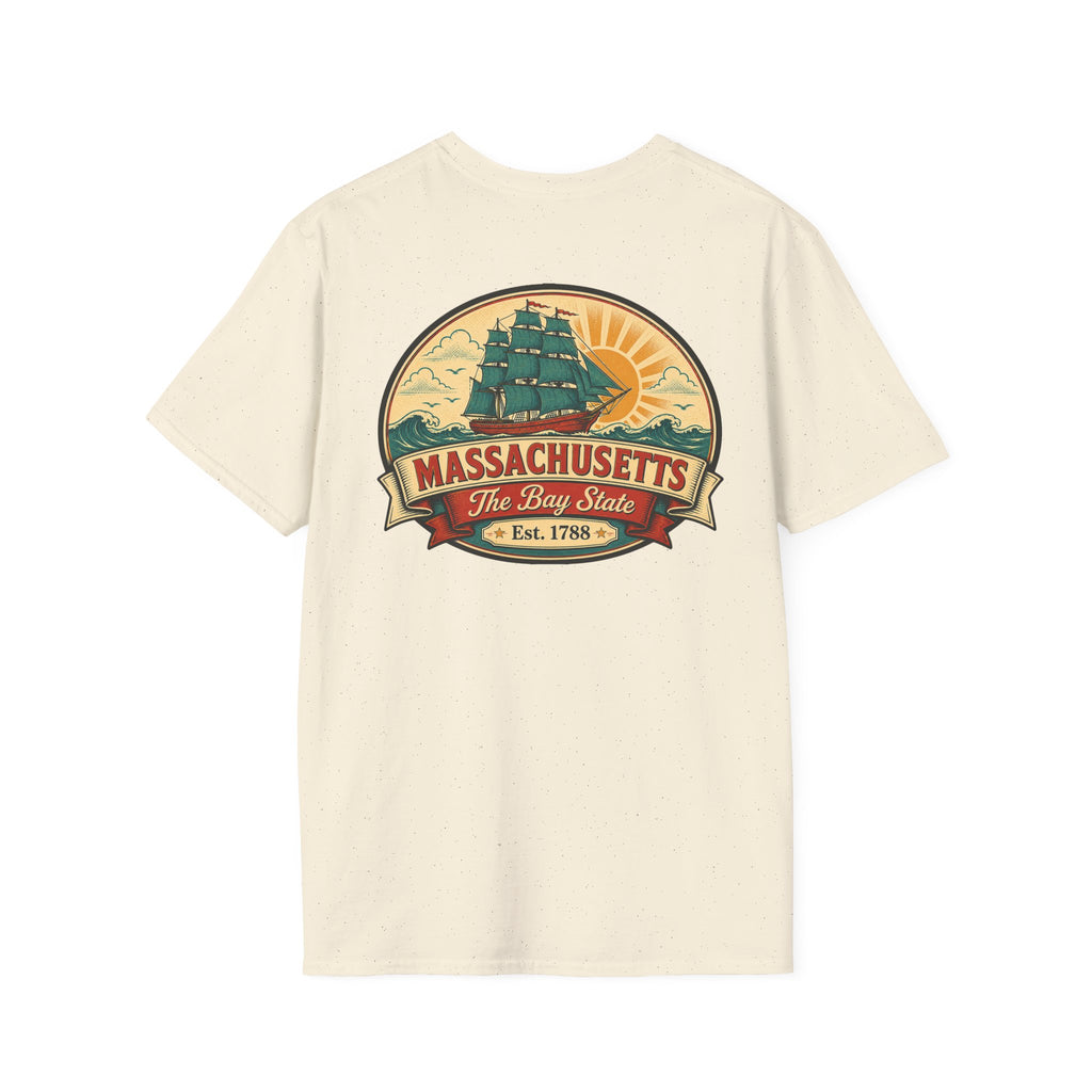 Cream Massachusetts T-shirt with circular Bay State logo graphic on front