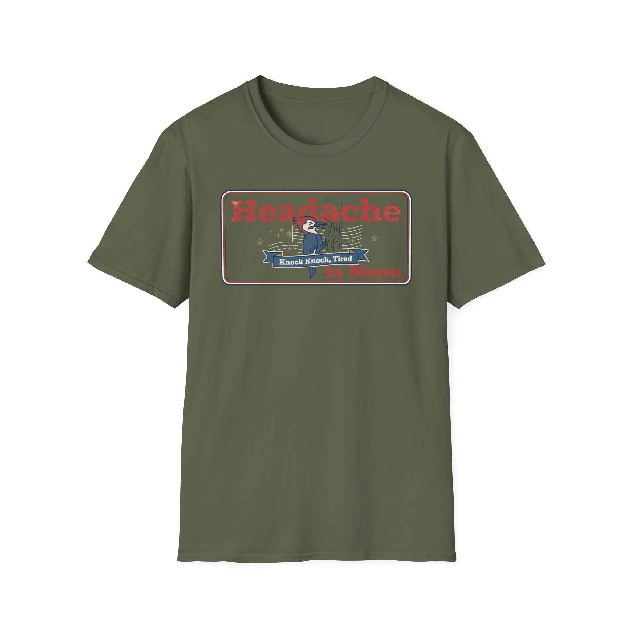 Olive green crewneck t-shirt with red 'Headache' rectangular graphic and 'by Noon'