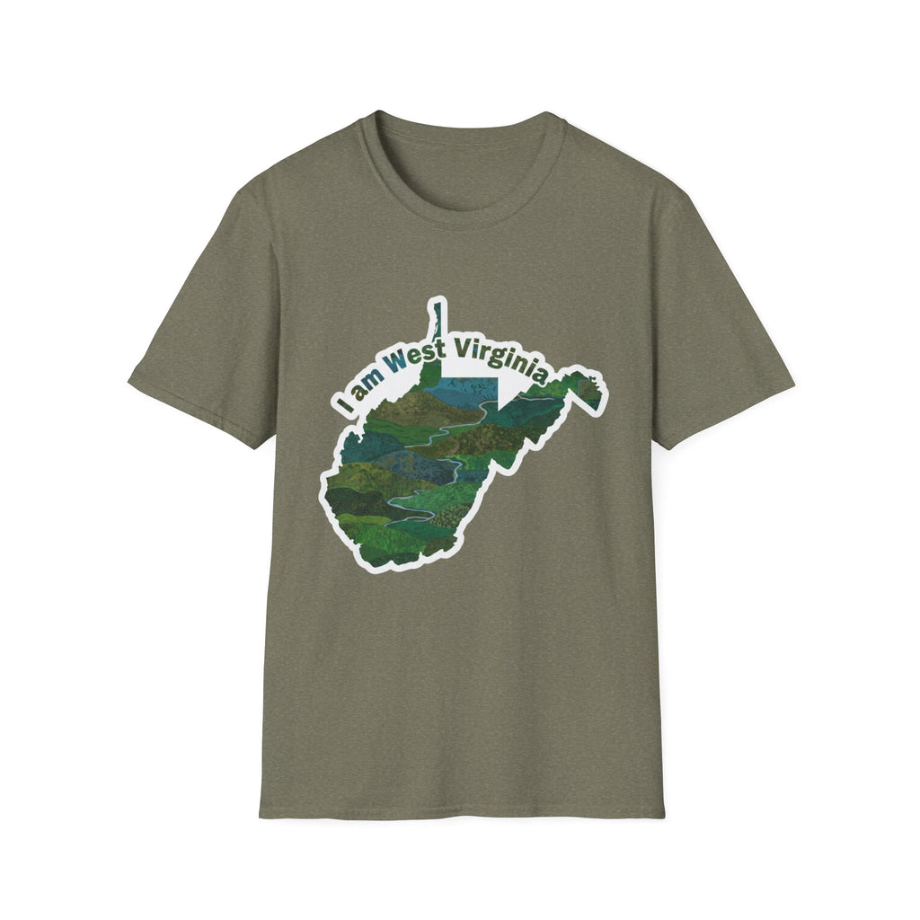 Heather Military Green T-shirt with West Virginia map graphic and 'I am West Virginia' text