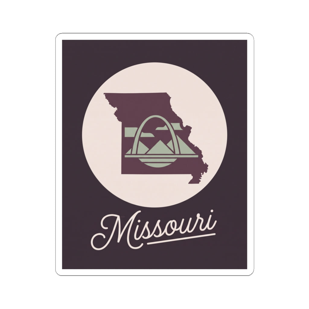 Missouri state silhouette kiss-cut decal, dark purple square with circular emblem and script