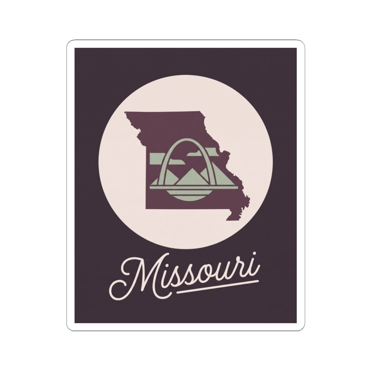 Missouri state silhouette kiss-cut decal, dark purple square with circular emblem and script