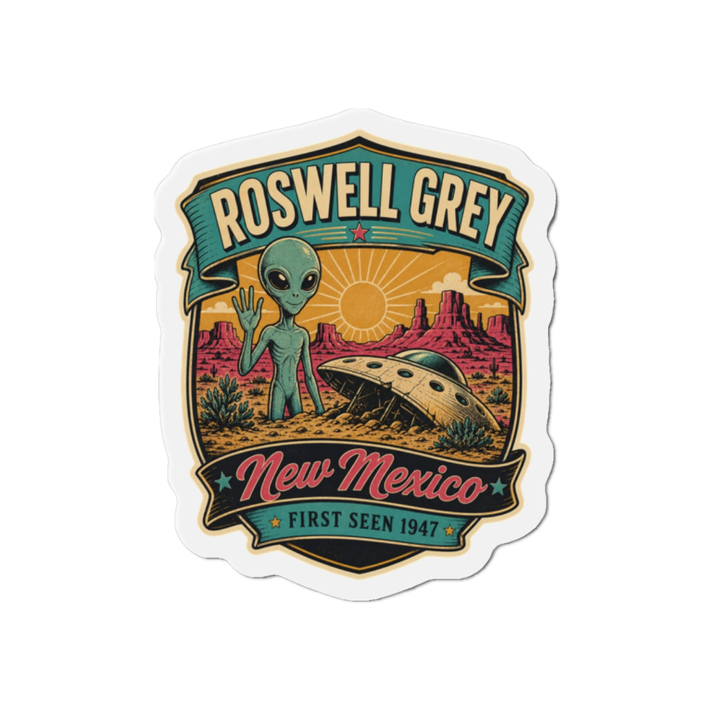 Die-cut Roswell Grey alien and UFO New Mexico graphic refrigerator magnet, multicolor