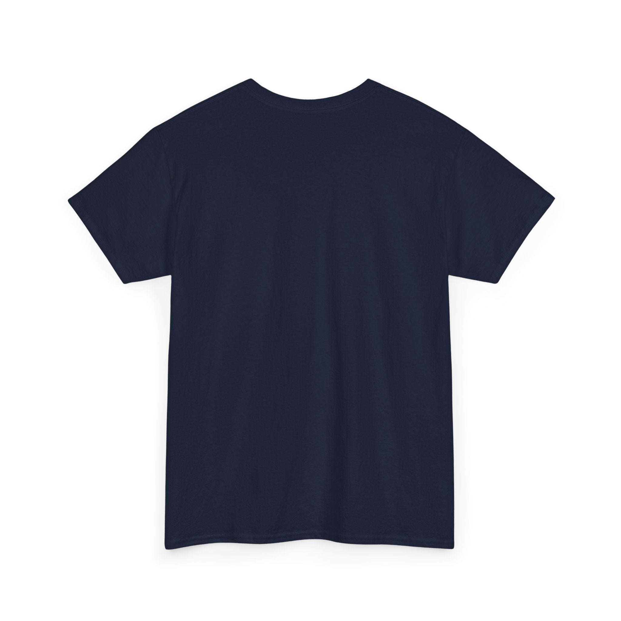 Dark navy crewneck badge tee, plain front view.