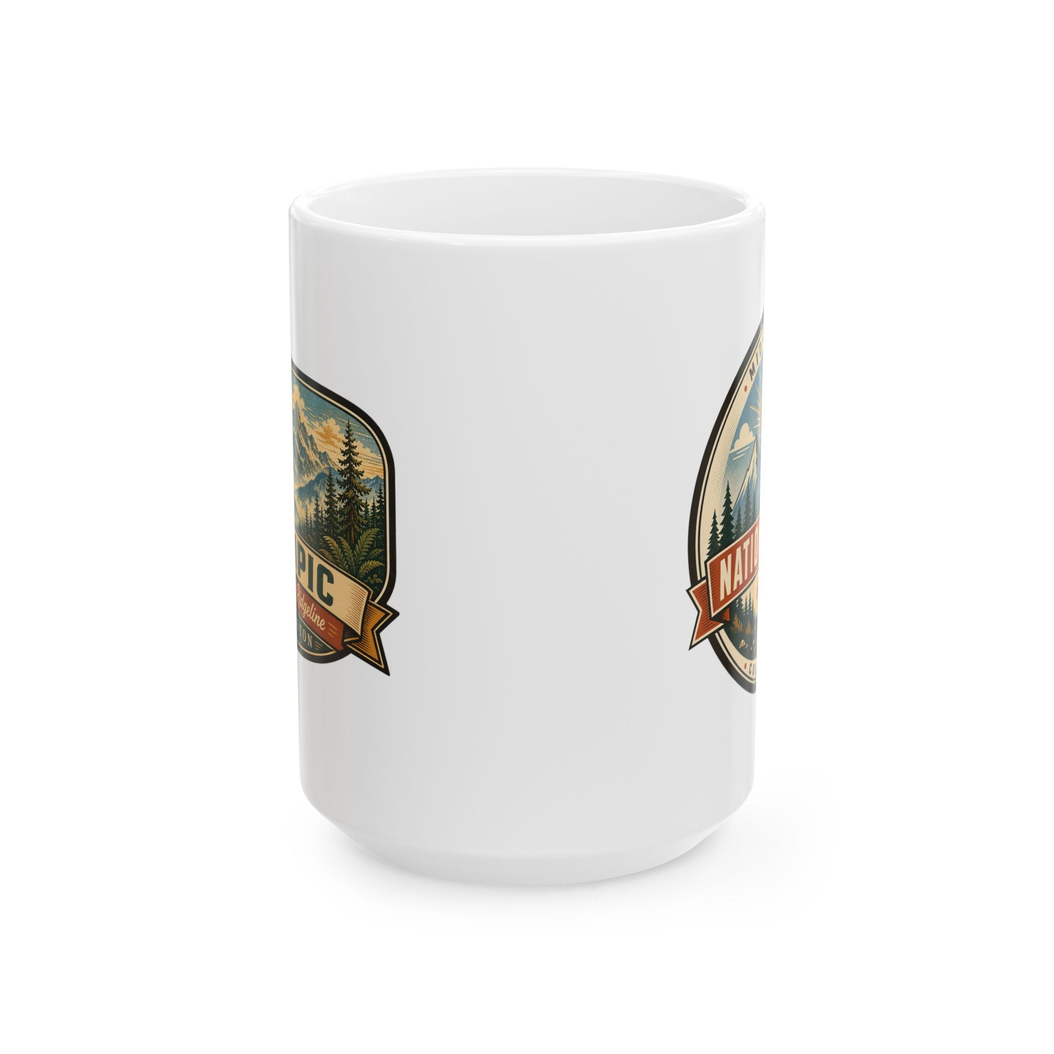 White ceramic coffee mug with two side vintage park badges, no handle visible