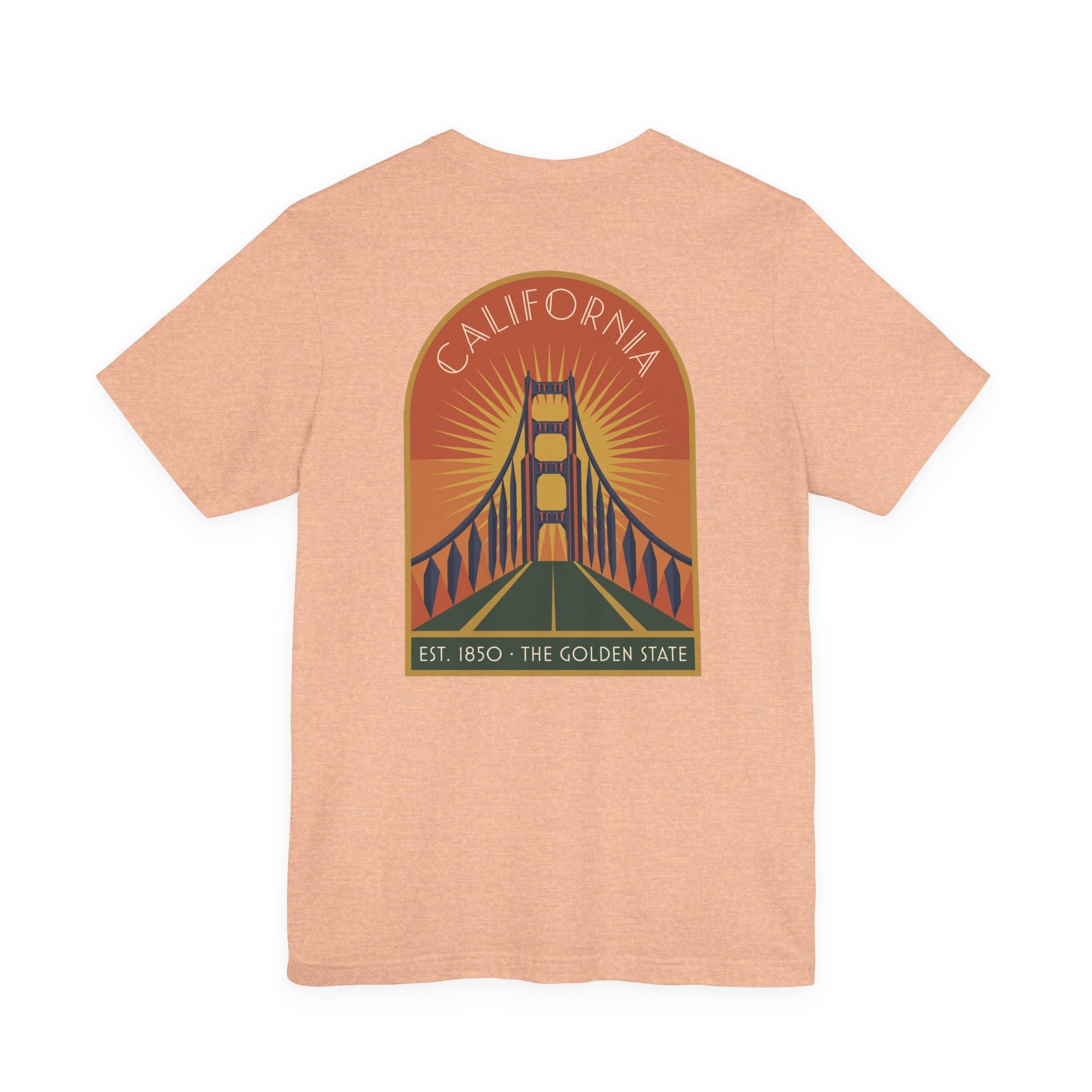 Peach T-shirt with California Golden Gate Bridge sunset graphic on chest
