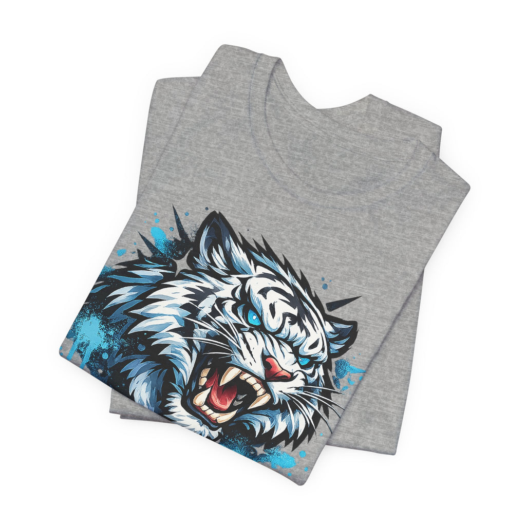 Dark gray heather t-shirt with roaring tiger head graphic in blue splatter drip style
