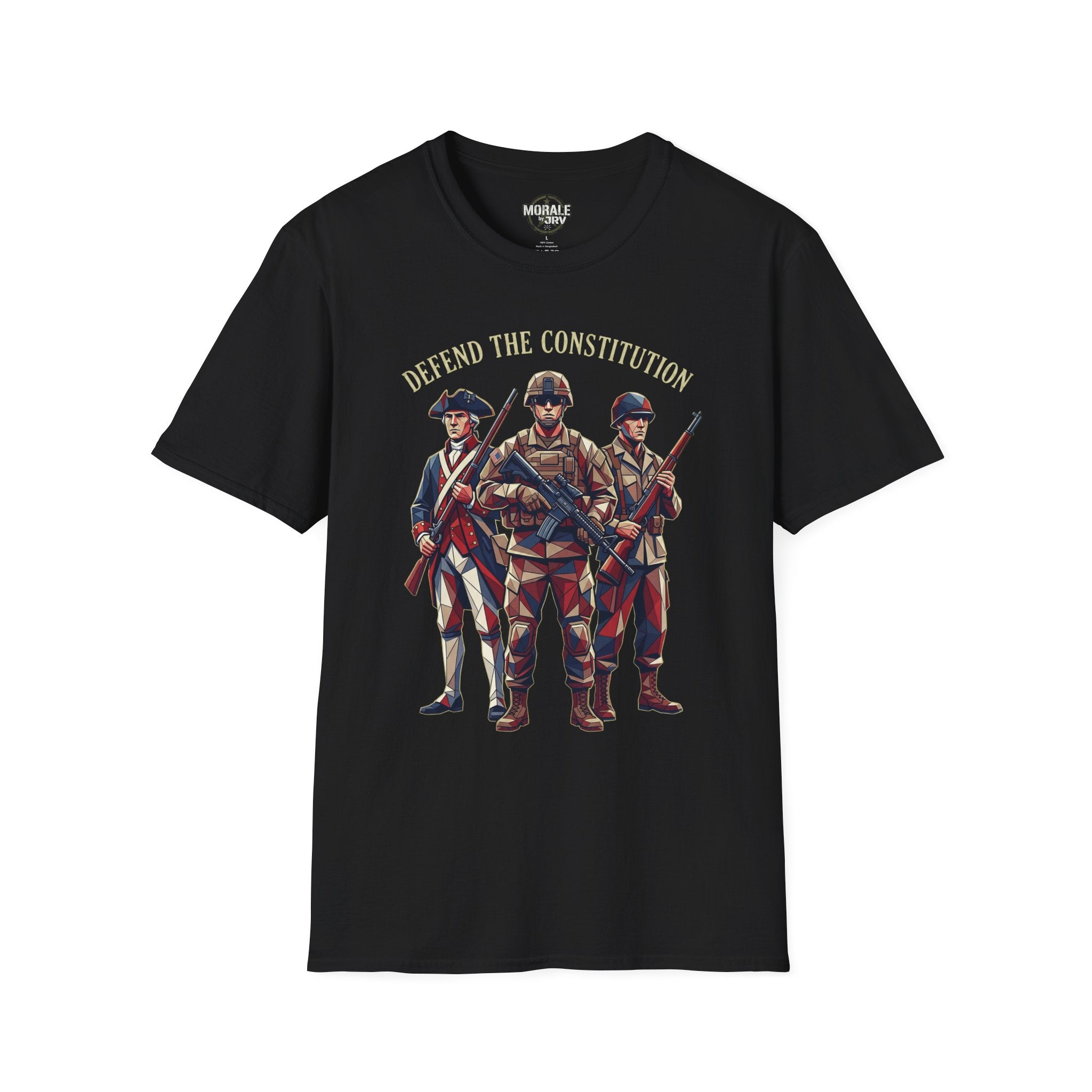Defend the Constitution T-shirt, black with patriotic soldiers graphic and slogan