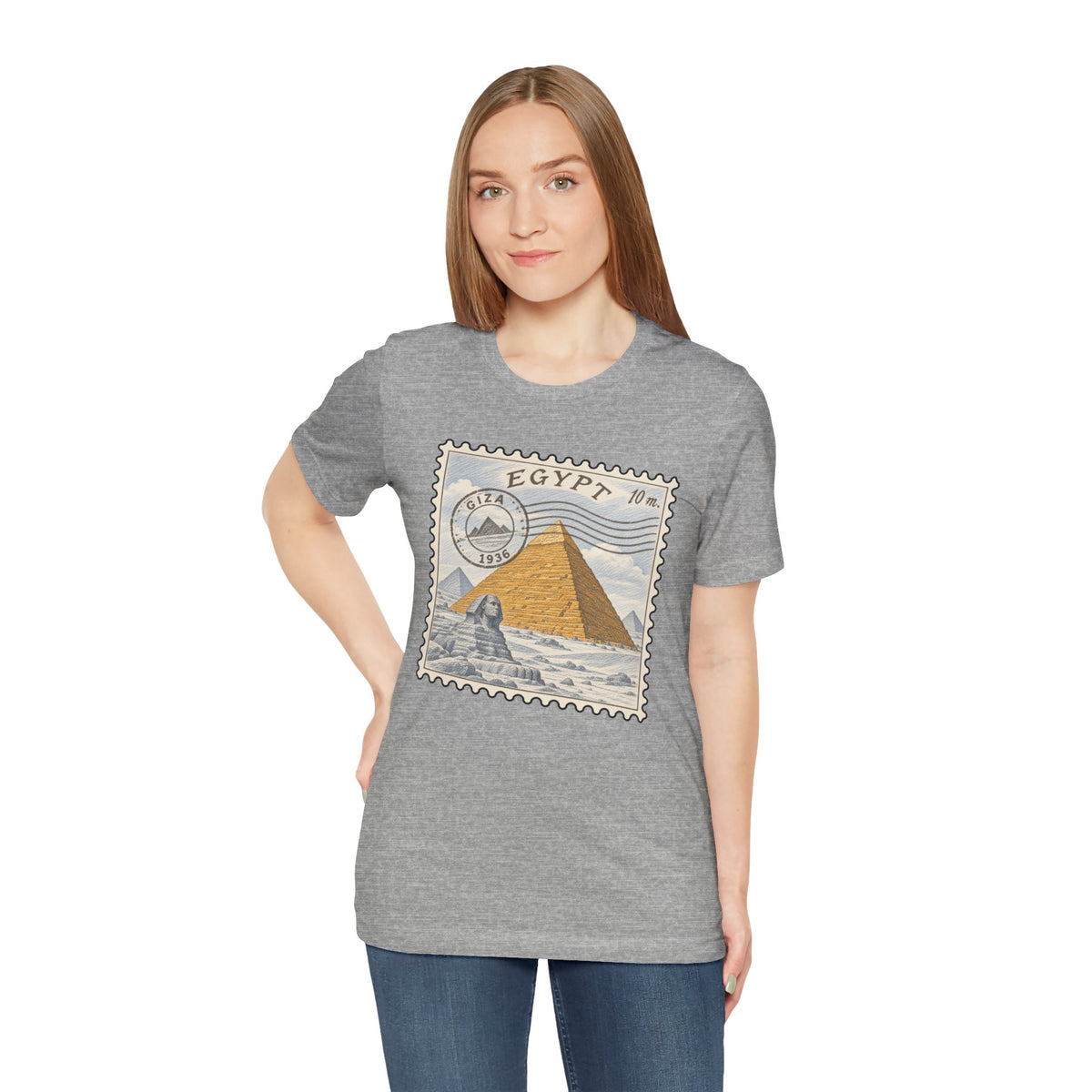 Heather gray crew-neck T-shirt with Egypt stamp graphic featuring pyramids