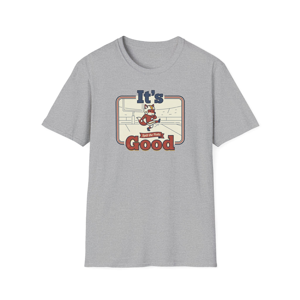 Heather gray T-shirt with retro fox skateboard graphic and text “It’s Good”