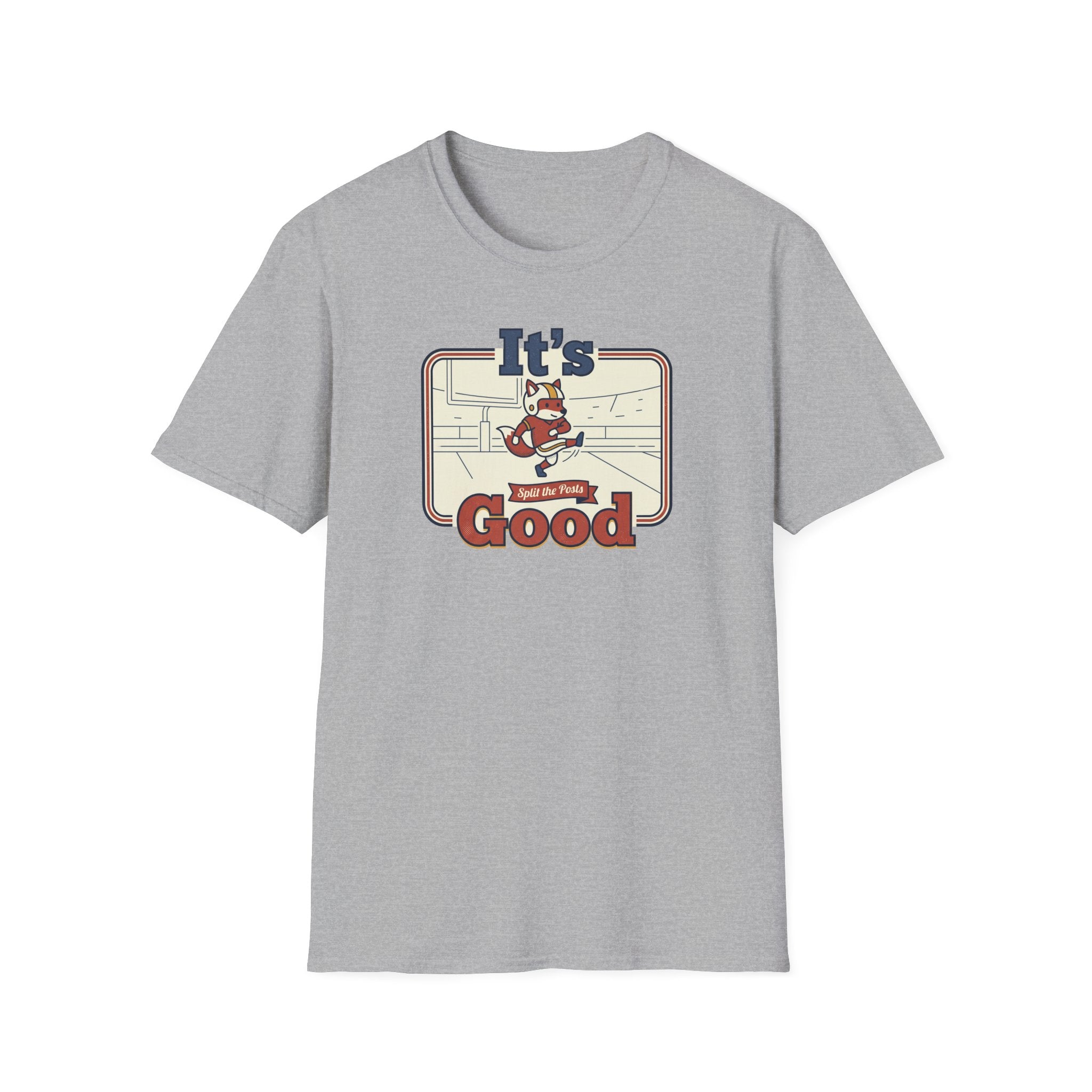 Heather gray T-shirt with retro fox skateboard graphic and text “It’s Good”