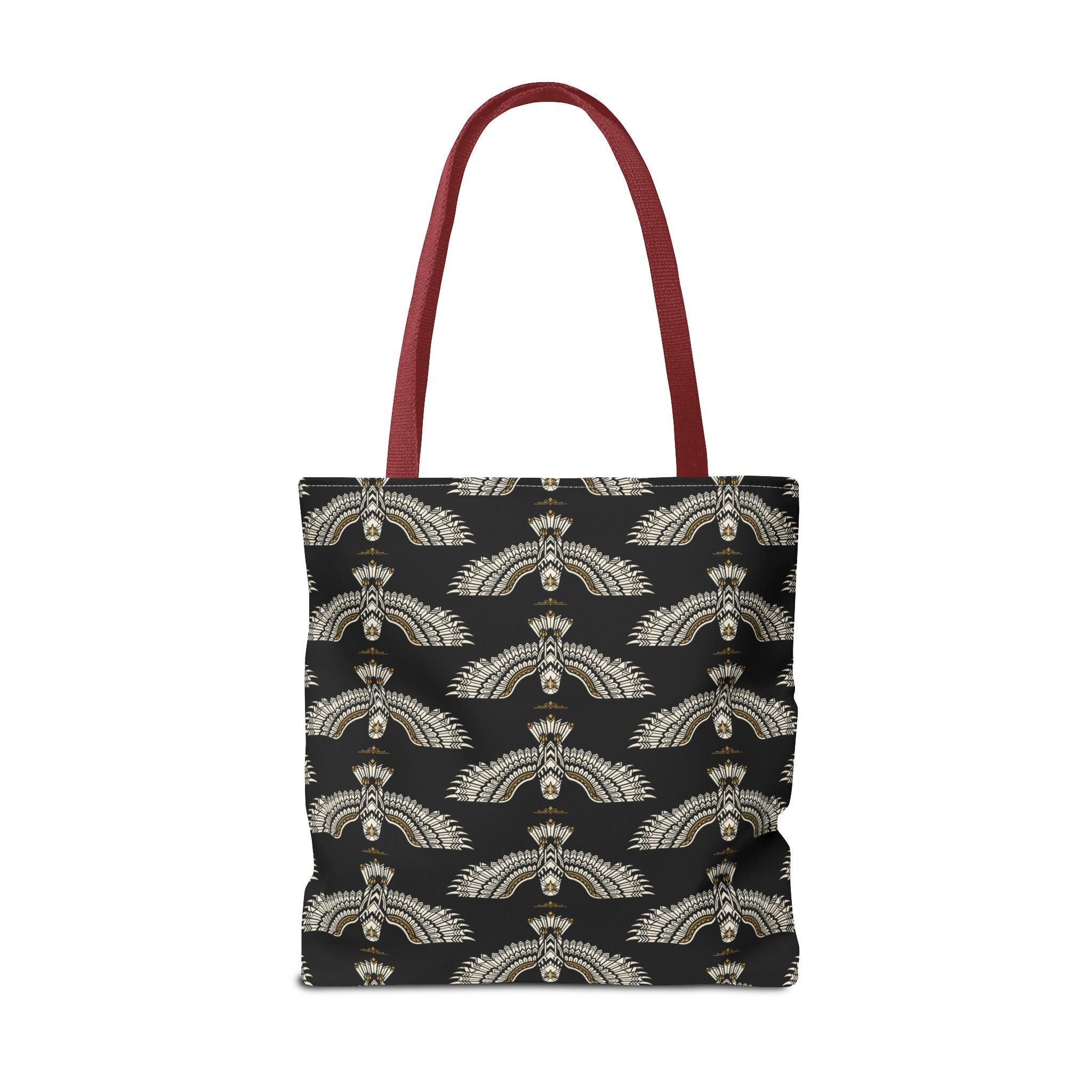 Tote bag front view on black base with repeating winged scarab motif, maroon handles