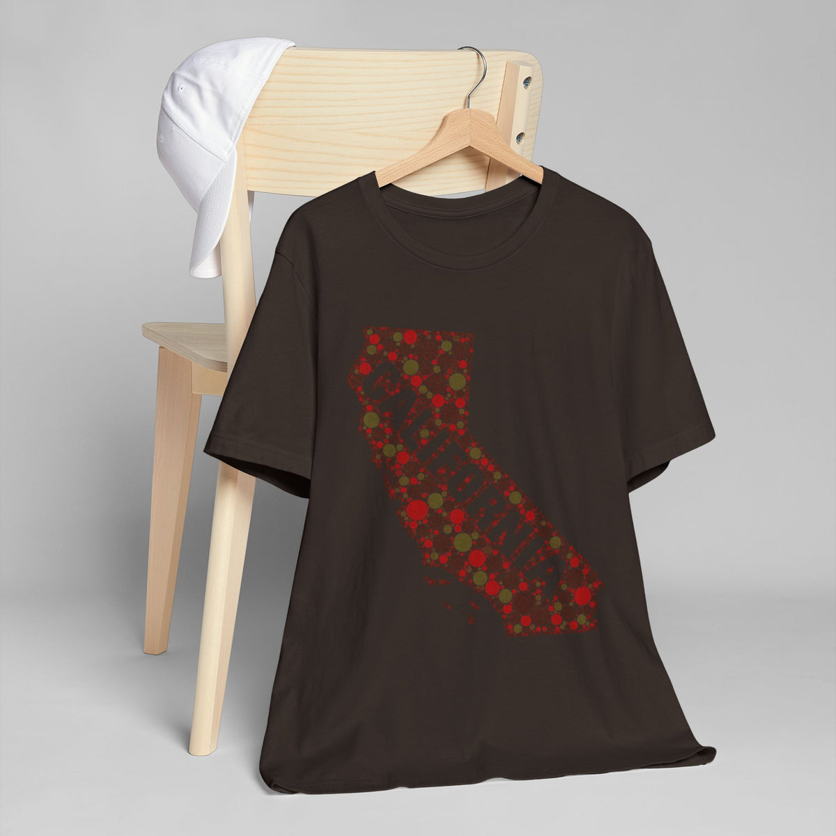 Black crewneck t-shirt with red and dark floral California map graphic