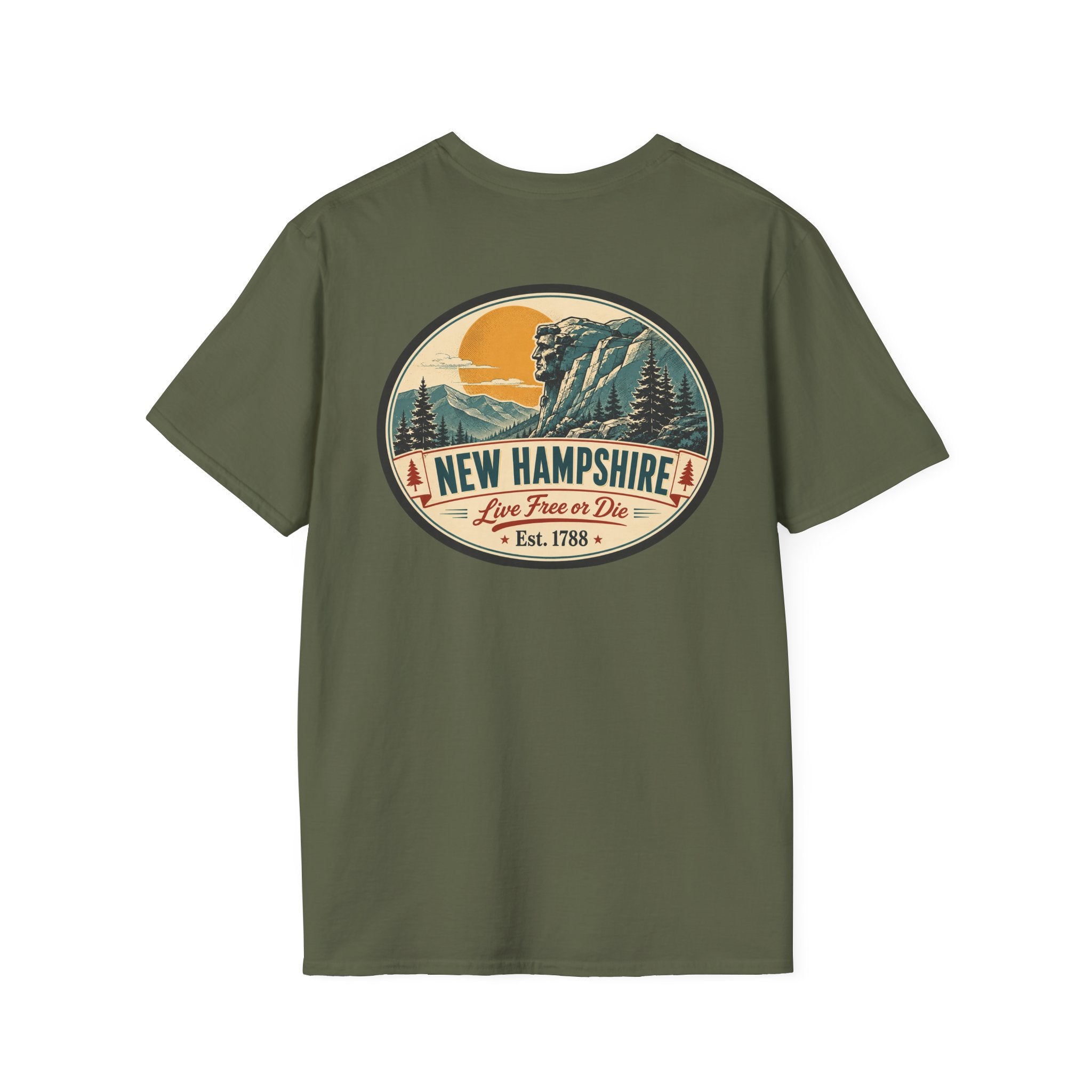 Olive green graphic T-shirt with circular mountains and New Hampshire logo on chest