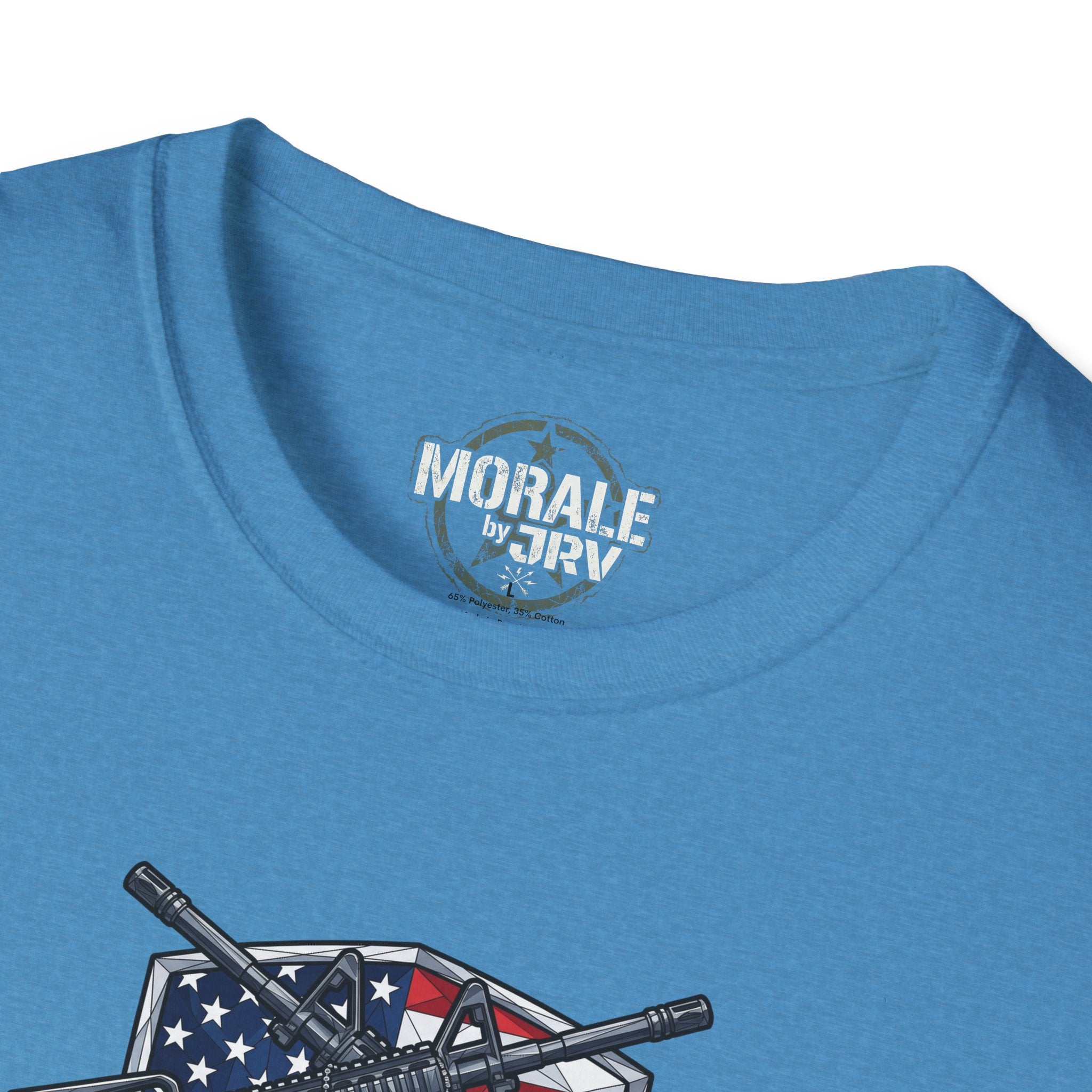 Light blue T-shirt back neckline with small “MORALE by GVR” graphic